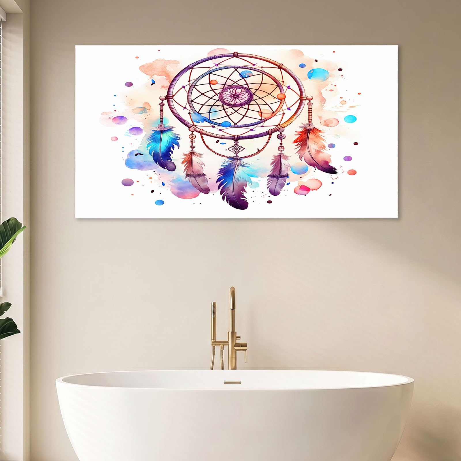 Leinwandbild Bilder 90 x 60 cm Bohème Wanddeko, Weiß Traumfänger Feder Kunstdruck, Wandbilder für Wohnzimmer, Schlafzimmer & Esszimmer