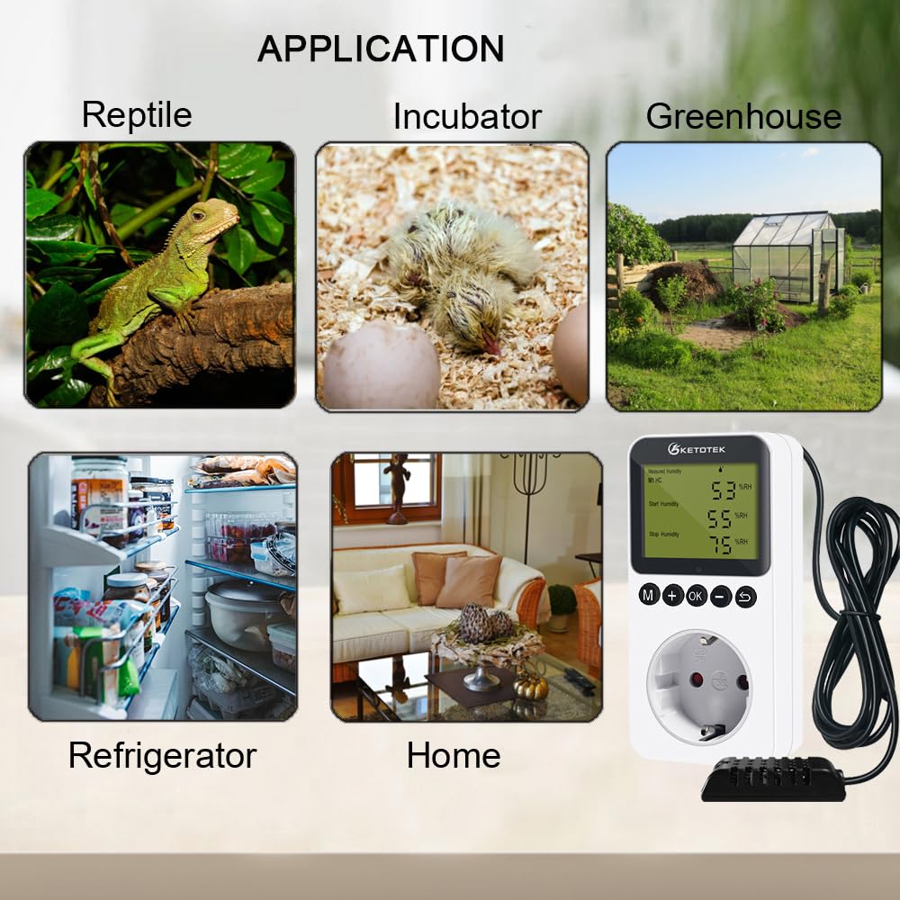 KETOTEK Hygrostat Steckdose Feuchteregler mit Fühler 230V, Digitaler Feuchtigkeitregler Steckdose Schalter für Gewächshaus Terrarium Luftentfeuchter Luftbefeuchter