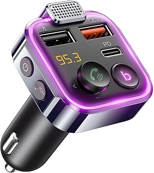Oxlaw 2021 Upgraded Bluetooth FM Transmitter for Car Adapter, Stronger Microphone & Bass Sound Bluetooth Radio Transmitter Car Adapter, Support 42W PD+QC3.0, 7 Colors LED Backlit, Wireless Call