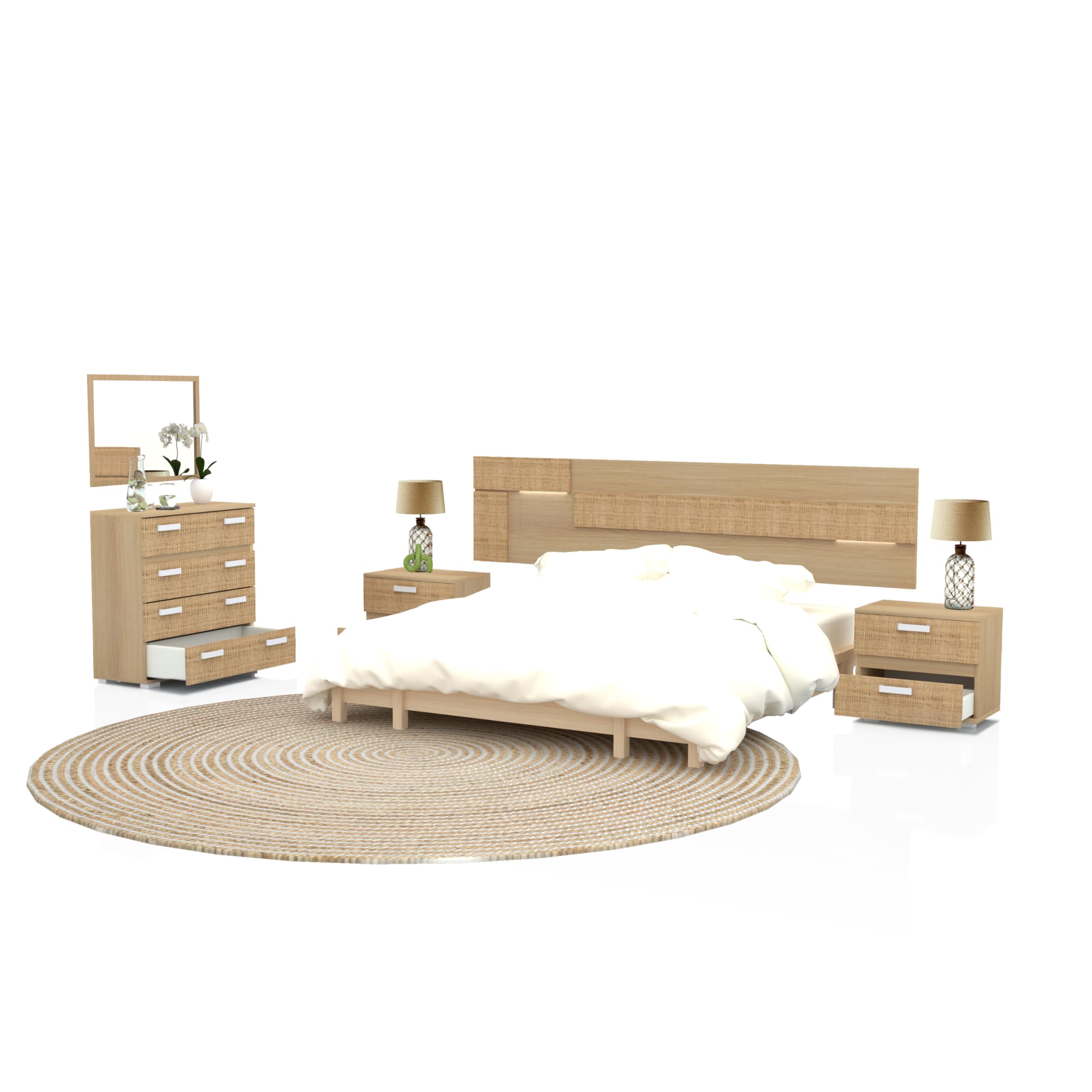 duehome | Pack Ataneq Tex 4c con Cabecero + 2 Mesitas + Comoda + Espejo, Tofe y Textil