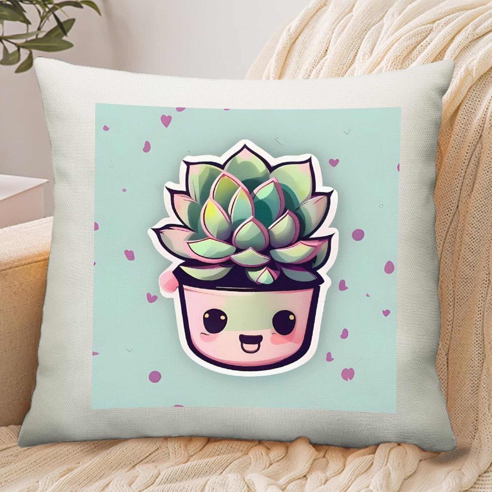 Adfgyerh Style Smiling Succulents Pillow Cover Breathable,Pillowcases Boho Decorative Envelope Closure,Throw Pillow Covers For Beach,Patio,Balcony,Couch Living Room 18 * 18In