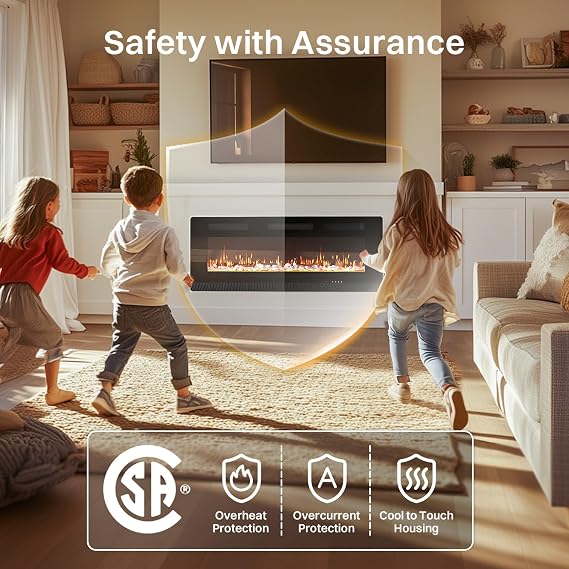 50 Electric Fireplace | Electric Fireplace Insert with Timer | Wall Fireplace Electric with Remote Control | Touch Screen | 10 Realistic Flame Colors | Log & Crystal Options | 700W / 1400W