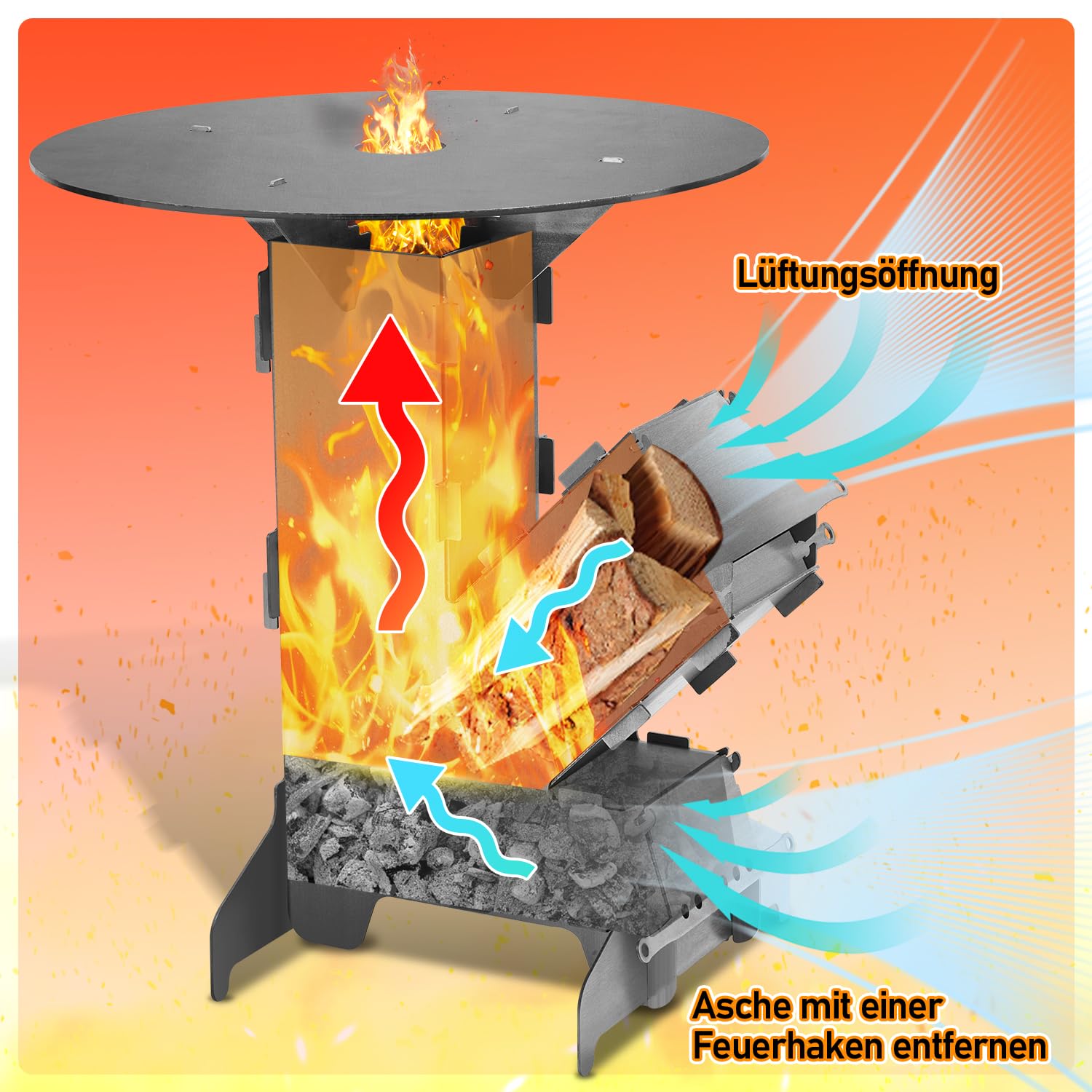 Piec rakietowy z płytą grillową i hakiem ogniowym, system wtykowy Rocket Stove ze stali o grubości 3 mm, piec armatni z 2 dodatkowymi nóżkami, kuchenka kempingowa, piec na drewno do użytku na