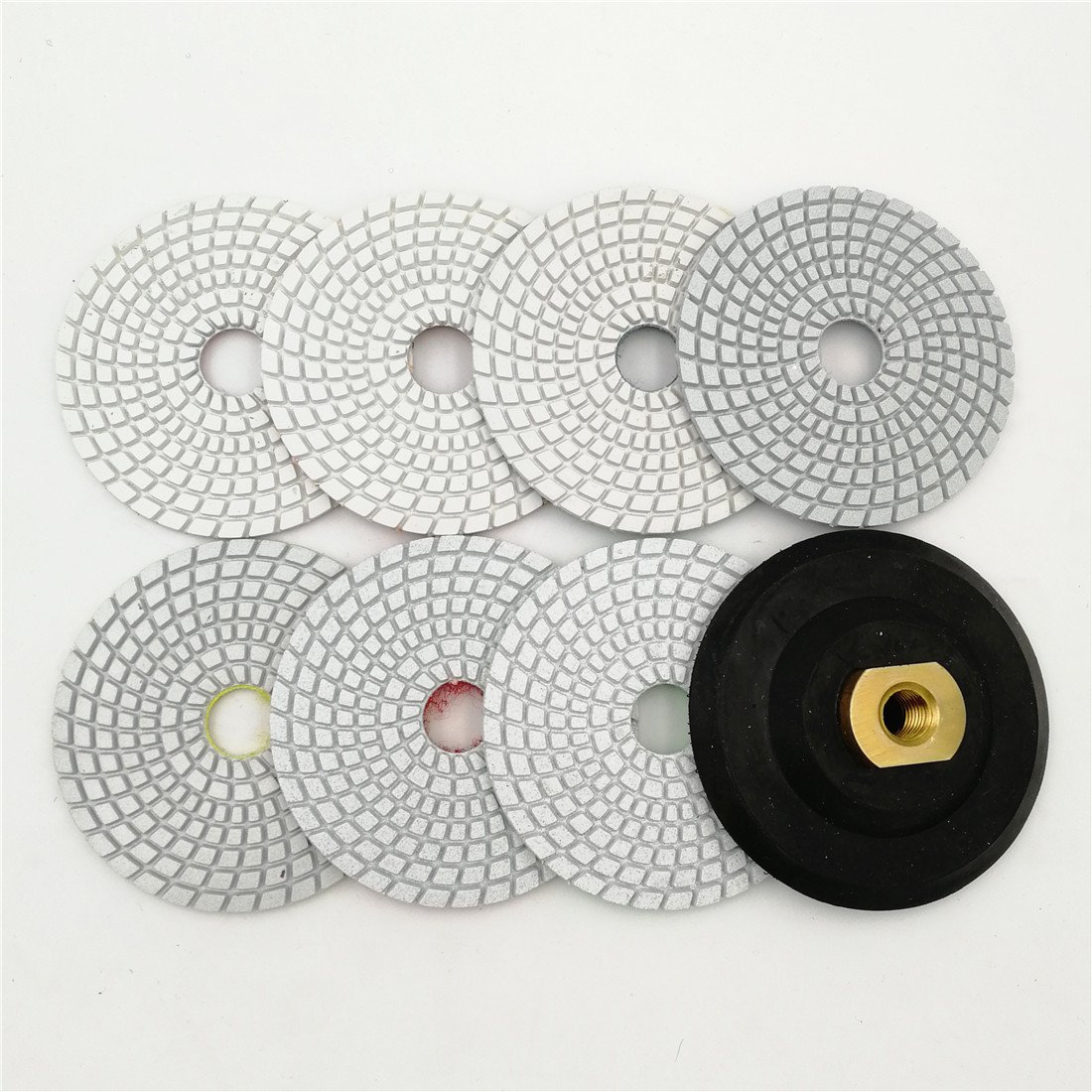 Shdiatool White Wet Diamond Polishing Pads 7Pcs Dia 4 Inch Resin Bond For Granite Marble Stone(Mix Grits And A Rubber Backer)