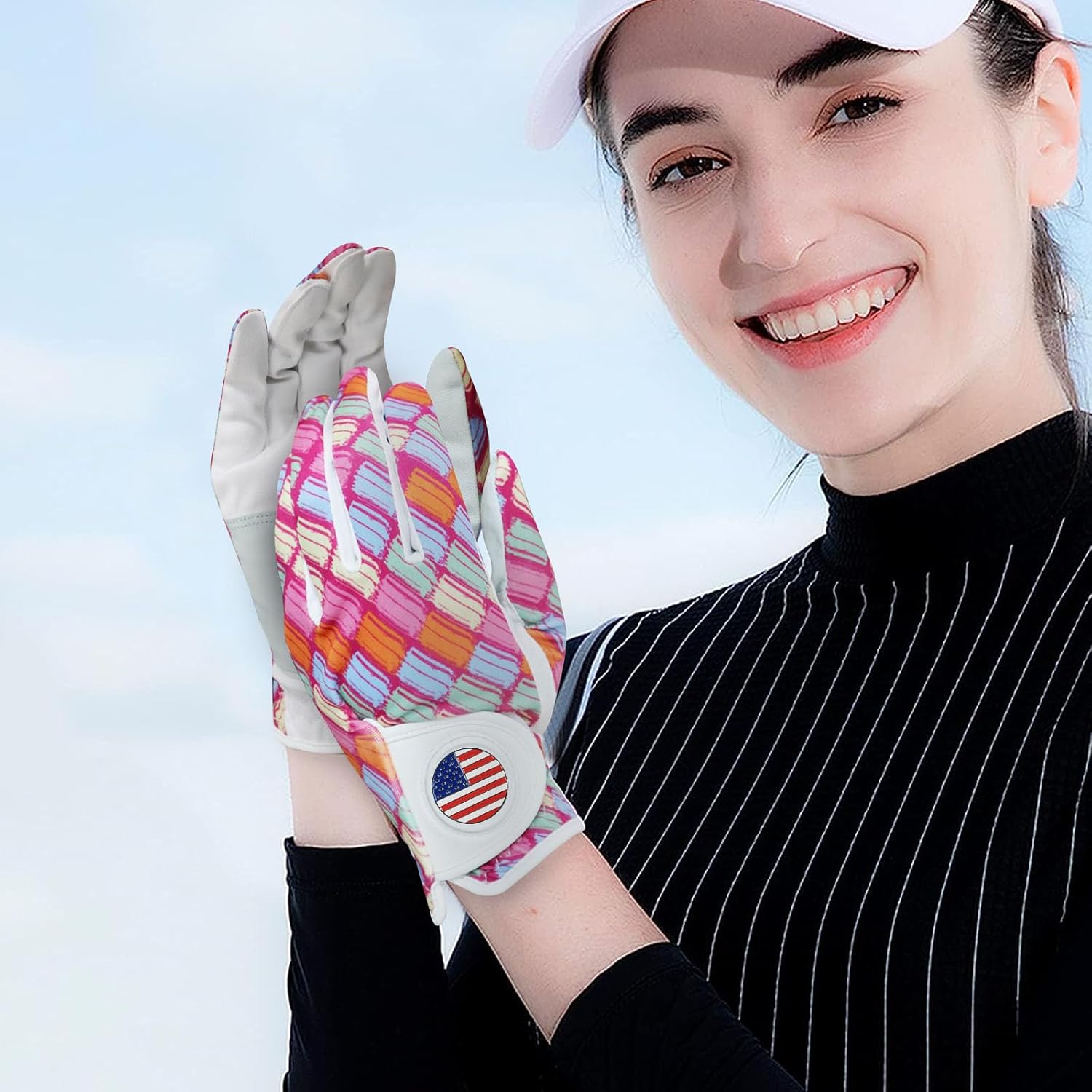 Amy Sport Womens Golf Glove with Ball Marker Rain Left Right Hand Leather Printed Pack, Ladies Golf Gloves All Weather Grip Breathable Soft Size Small Medium Large XL - Image 5