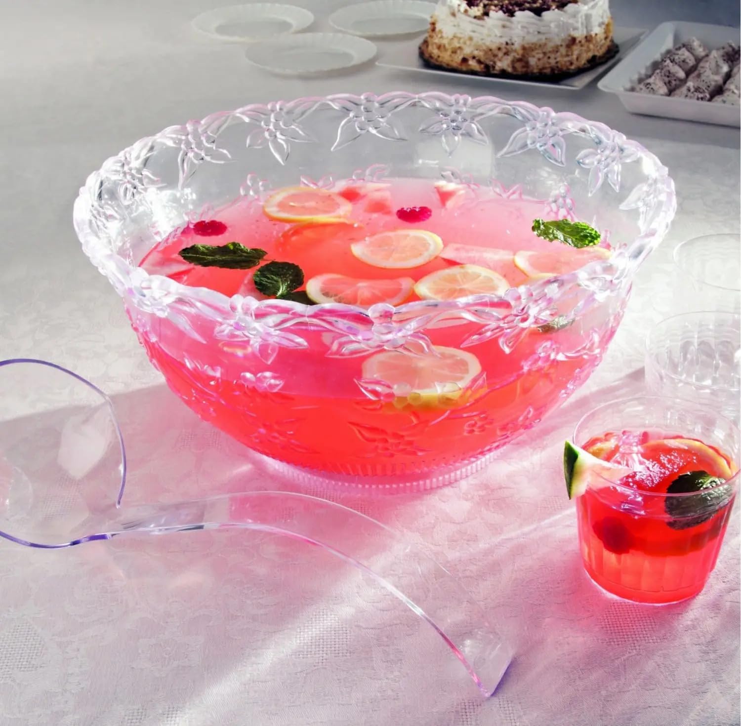Large Clear Plastic Punch Bowl Set with Ladle, 8 Quart Serving Bowl for