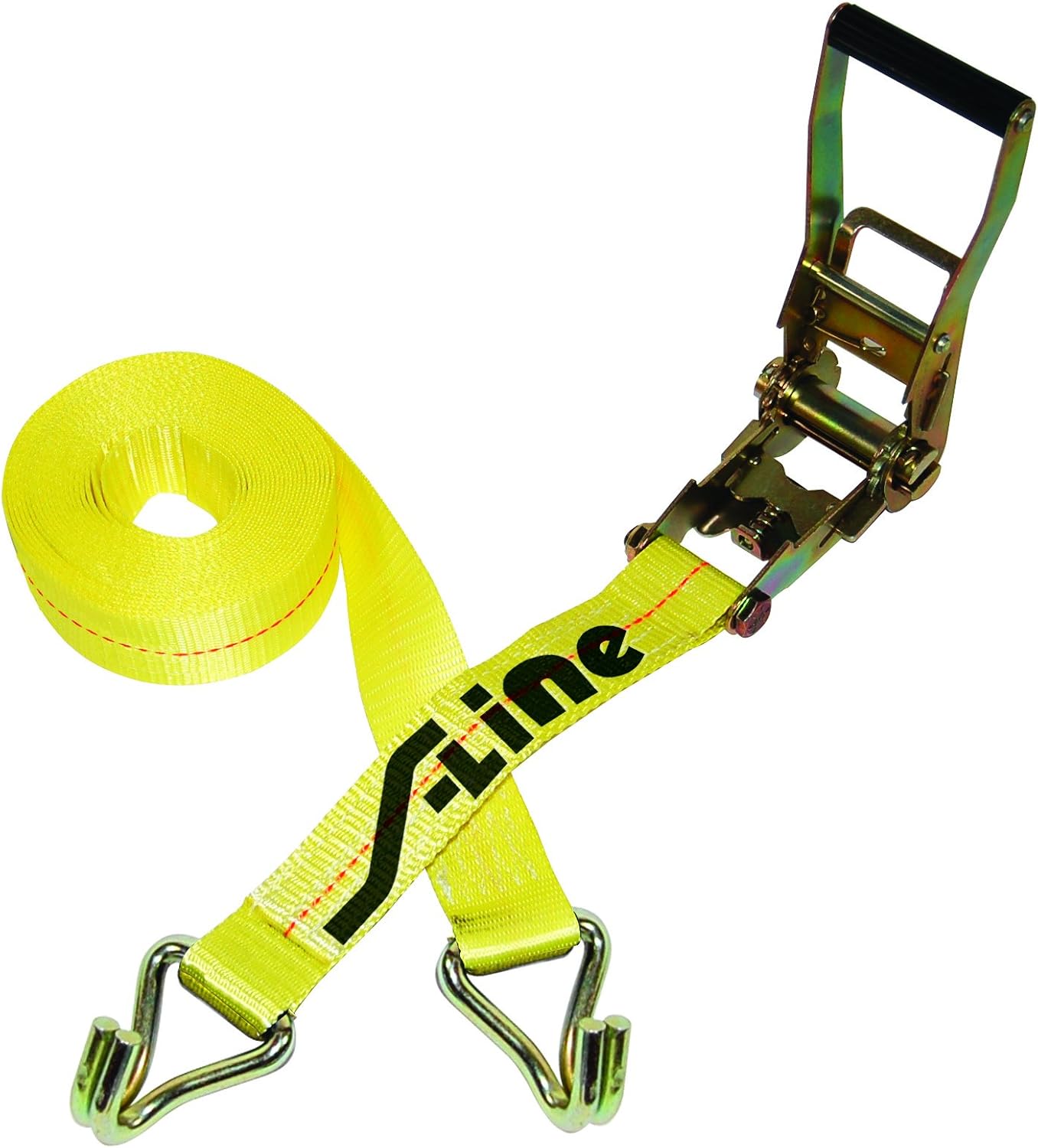 S-Line 557WHK Ratchet Strap Tie Down with Long Wide Handle and J-Hooks, Yellow Webbing, 2-Inch by 27-Foot, 3,333-Pounds Working Load Limit