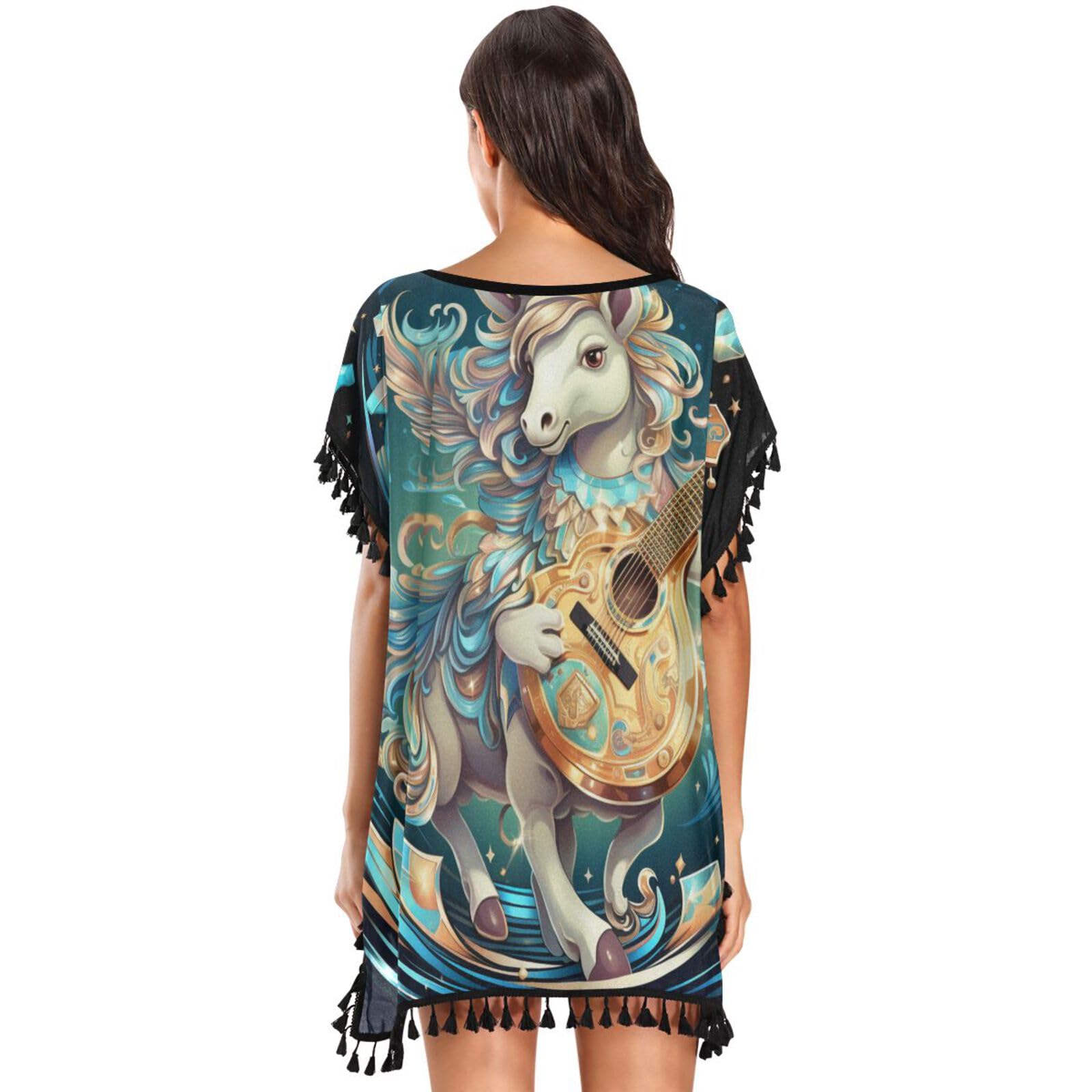 Cartoon Cool Unicorn Women's Beach Cover Up Chiffon Tassel Swimwear Swimsuit Coverups for Girl
