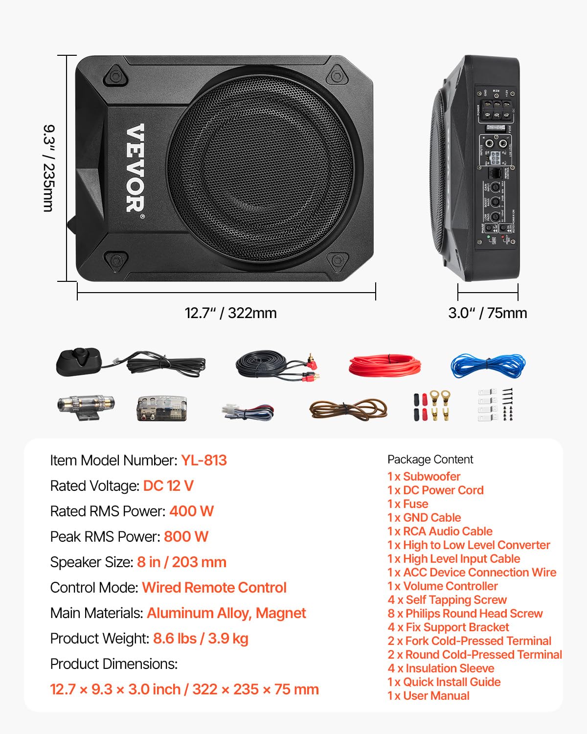 VEVOR Untersitz Auto Subwoofer 800 W 203 mm schlanker Auto Subwoofer mit Stromversorgung, Subsystem mit eingebautem Verstärker, Hoch-/Niedrigpegel-Eingang und Lautstärkeregler für SUVs Lkws