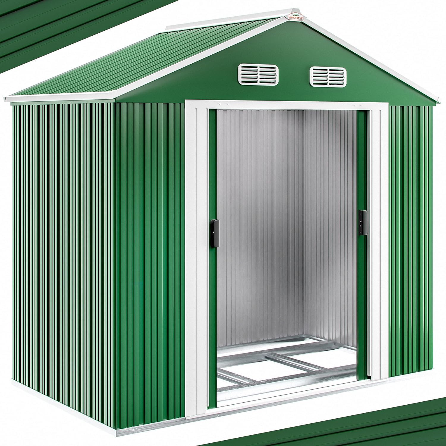 GARDEBRUK® Cobertizo de Jardín Exterior con Base 2m² Caseta Acero Galvanizado 200x135x190cm XL Puerta Corredera Techo Dos Aguas Ventilación Resistente Intemperie Almacenamiento Orden 4 Ganchos Verde