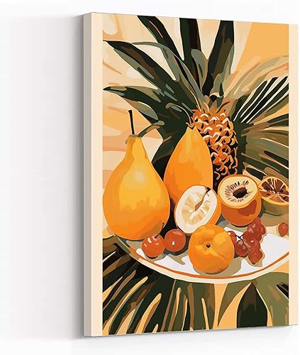 Lienzo decorativo para pared, adornos para cocina, arte de pared de cocina bohemio, piñas, papayas y más en un plato marrón con flor, en el estilo
