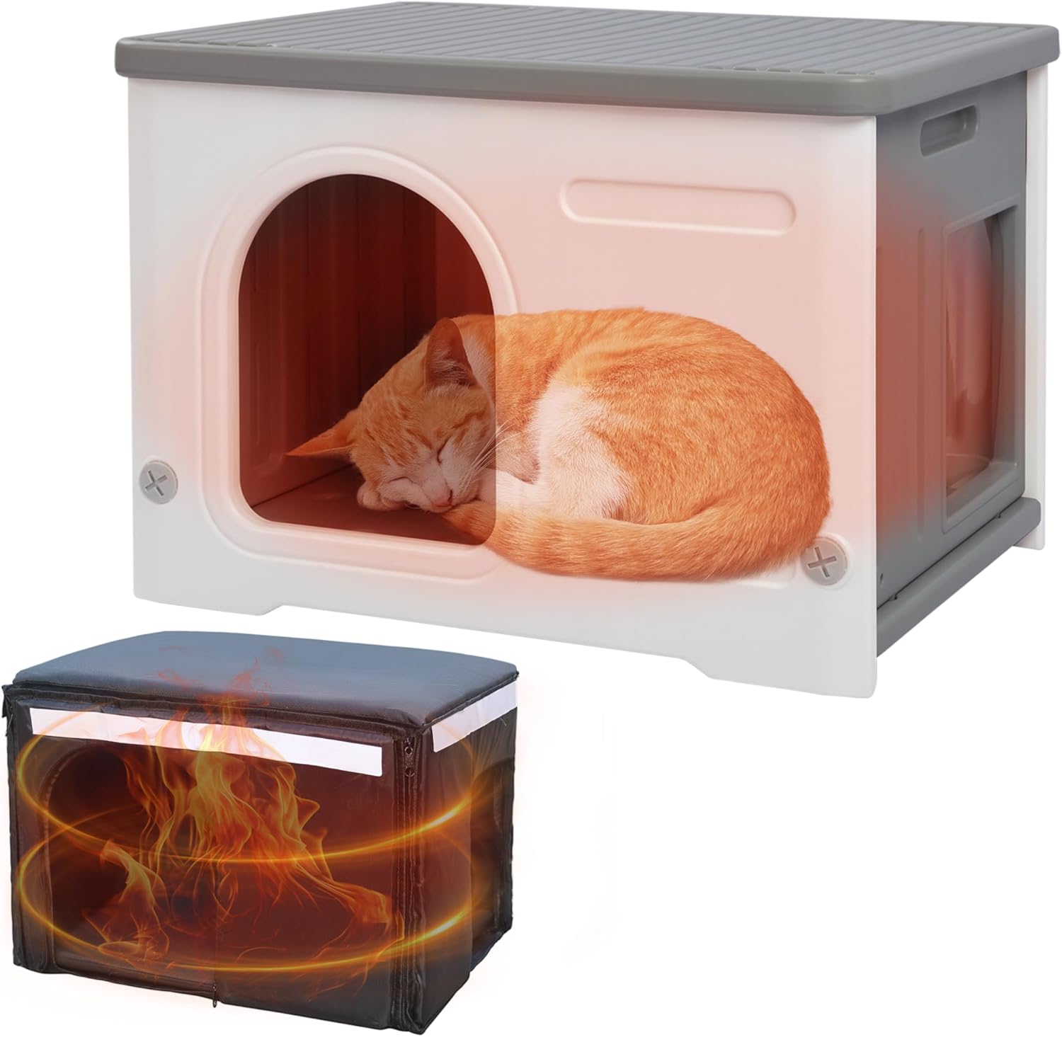 Rockever Plastic Outdoor Indoor Cat House with Insulated Liner, 100% Insulated Feral Cat House for Winter, Waterproof Cat Houses for Outdoor Cats, Spacious, Assemble Easily-Grey Modern Grey with Insulated Liner