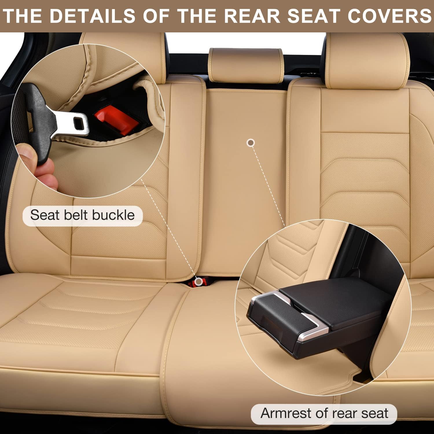 Beige Car Seat Covers Full Set, Breathable Leather Automotive Front and Rear Seat Covers & Headrest for Comfortable Driving, Compatible with Most Cars Sedans SUV Pickup Trucks