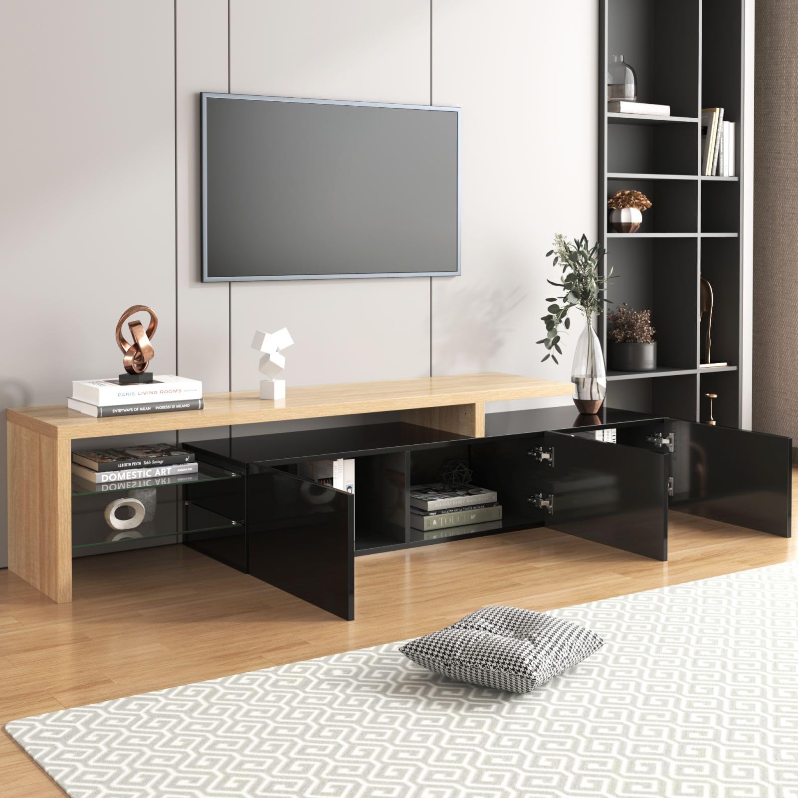 KOMHTOM Meuble TV blanc/noir avec LED, buffet avec 3 portes et 2 plateaux en verre, meuble multifonctionnel pour salon et chambre (Noir)