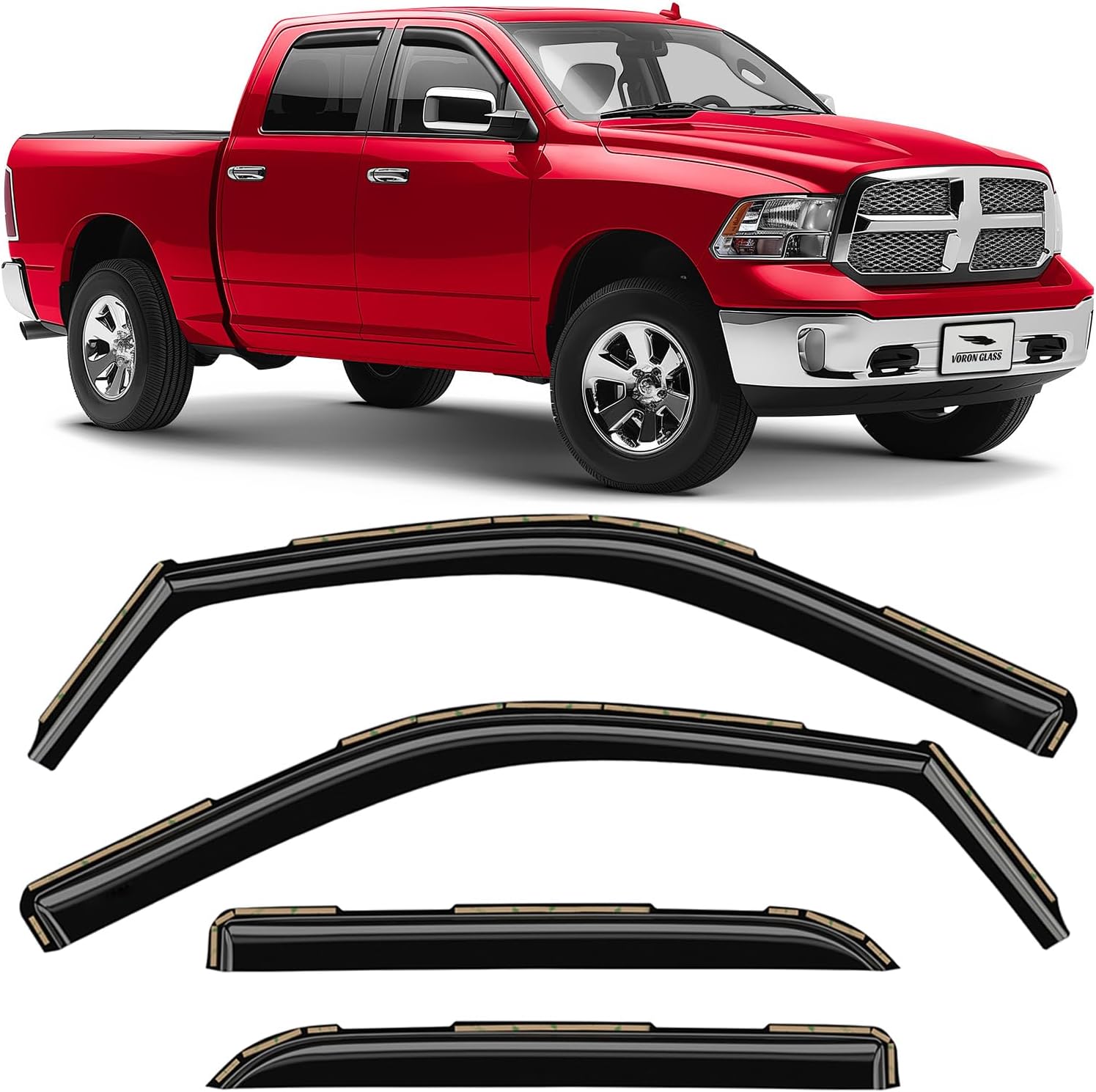 Voron Glass in-Channel Extra Durable Rain Guards for Trucks Dodge RAM 2009-2018 Crew Cab/Dodge Ram 1500 Classic 2019-2024 Crew Cab, Window Deflectors, Vent Window Visors, 4 Pieces - 220010