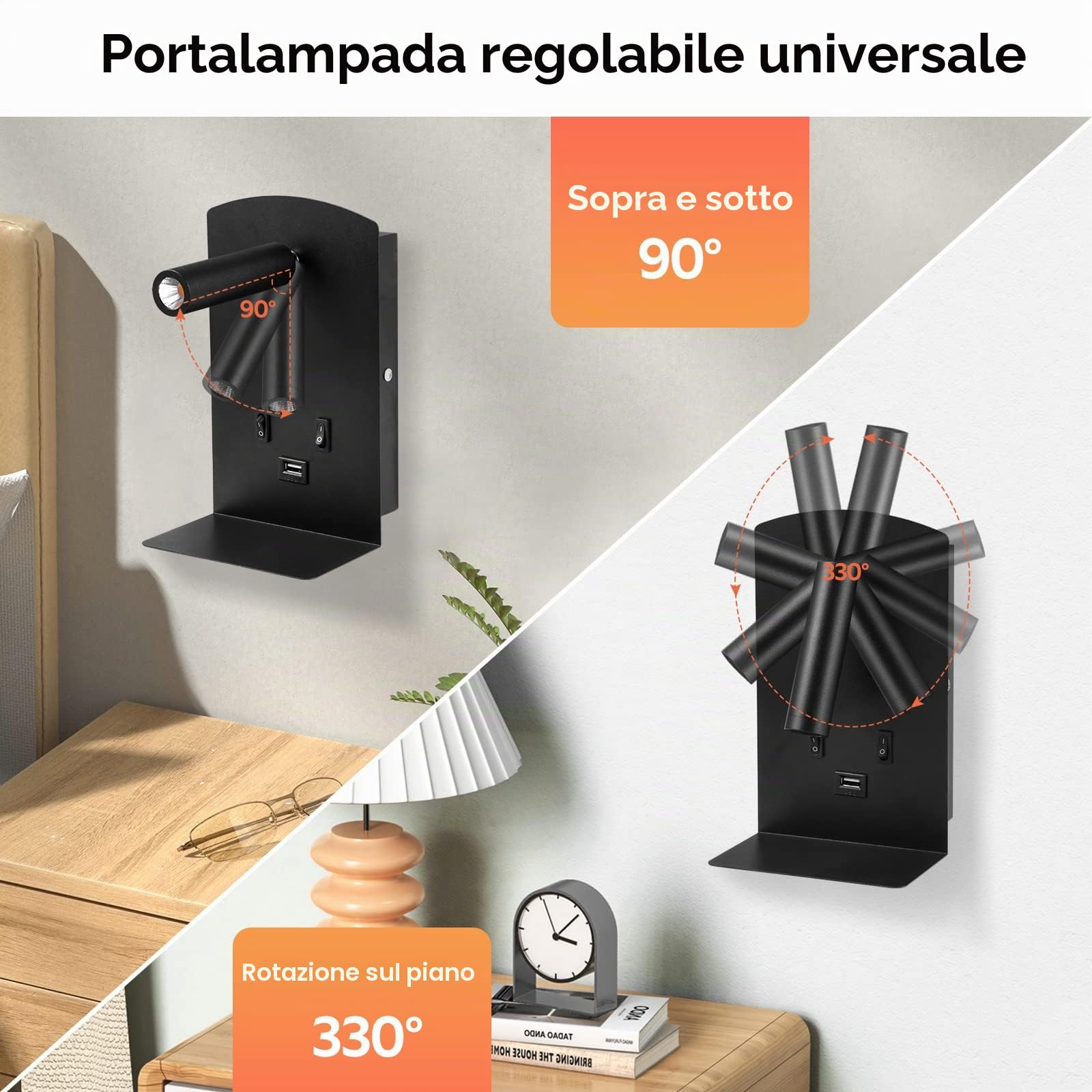 Weigudoc Lampada da Parete a LED 2pcs, Lampada da Lettura Sul Comodino con Vassoio per Cellulare, con Porta di Ricarica USB E Interruttore, Applique da Parete per Corridoio(Luce Calda 3w + 9w) (Nero)