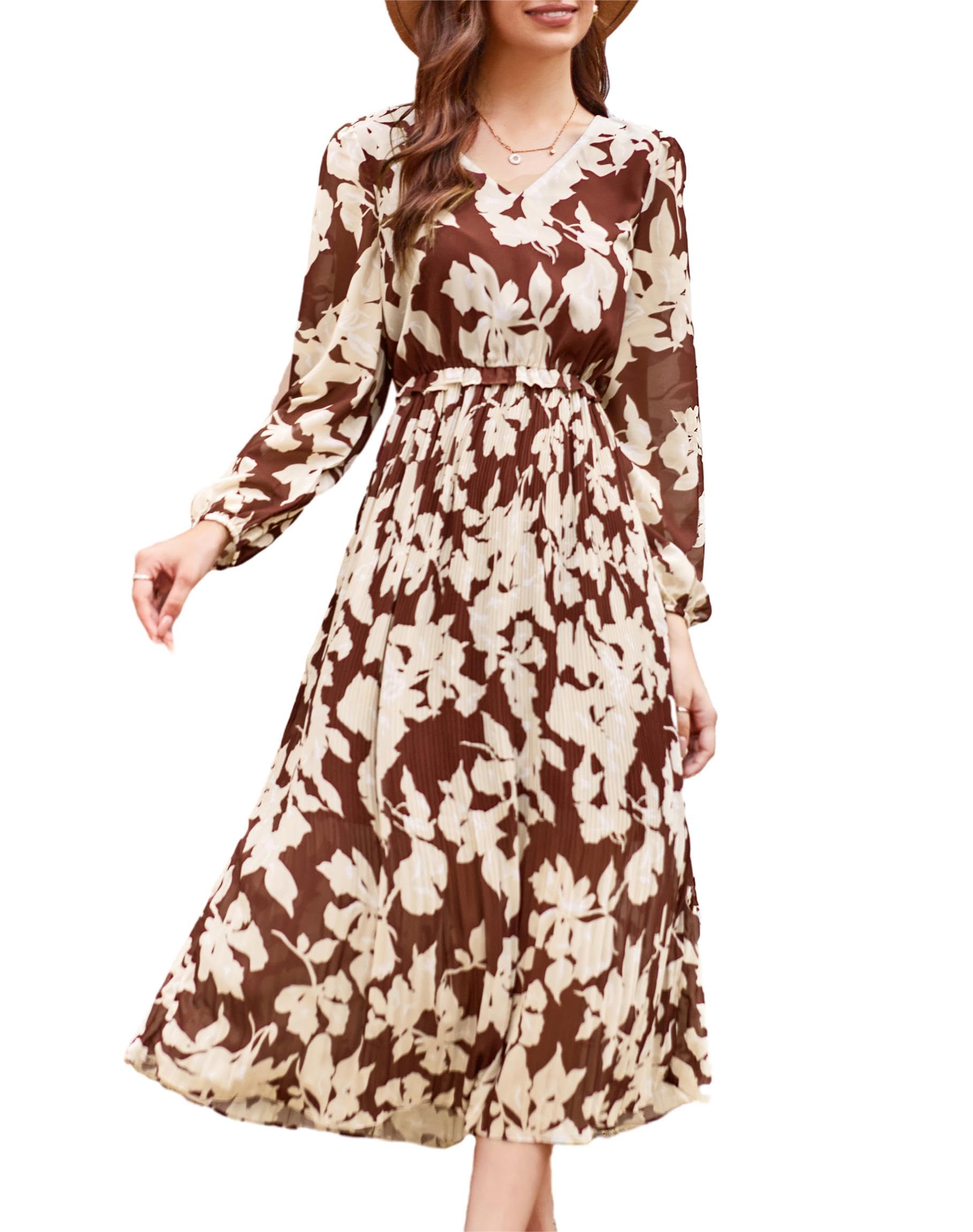 GRACE KARIN Vestido de Gasa para Mujer Vestido de Manga Larga con Cuello en V Vestido Casual Estampado Floral Romance Maxi Vestido Una línea Casual Vacaciones en la Playa