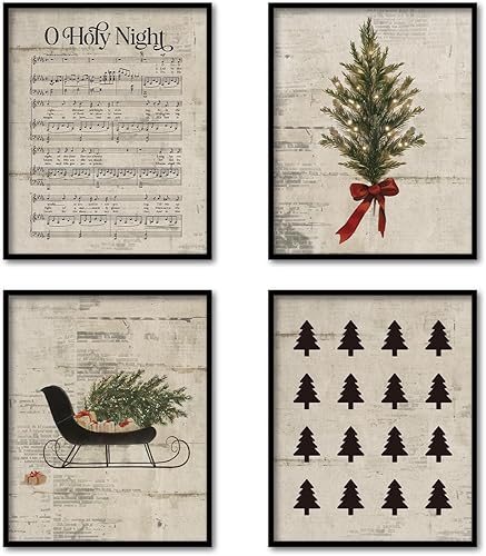 TFKFJLF Póster artístico vintage de Navidad con texto en inglés "O Holy Night", decoración retro para pared, árbol de Navidad, decoración de pared