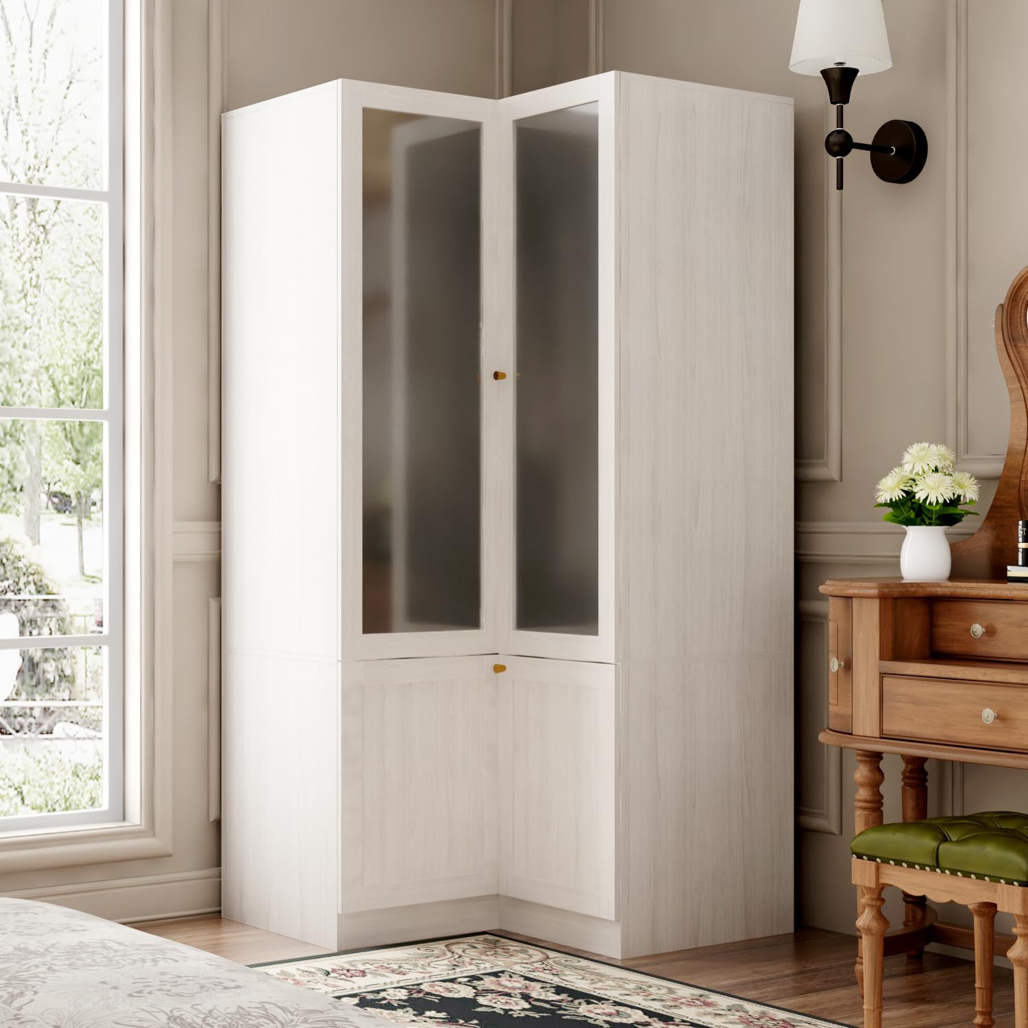 TAMUNE L-Shape Wardrobe Armoire Closet with Hanging Rod & Shelf, Bedroom Armoire with Frosted Glass Doors, Clothes Wardrobe with Gold Knob, Wood Grain