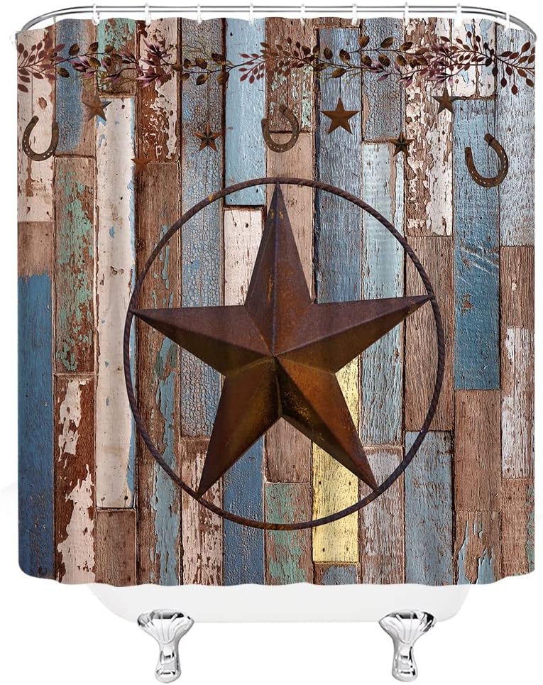 Rustic Barn Door Shower Curtain Western Texas Star Retro Wooden Board Farmhouse Old Rusty Horseshoe Vintage Country Style Plank Garage Door Creative Fabric Bath Decor Curtain Set with Hook