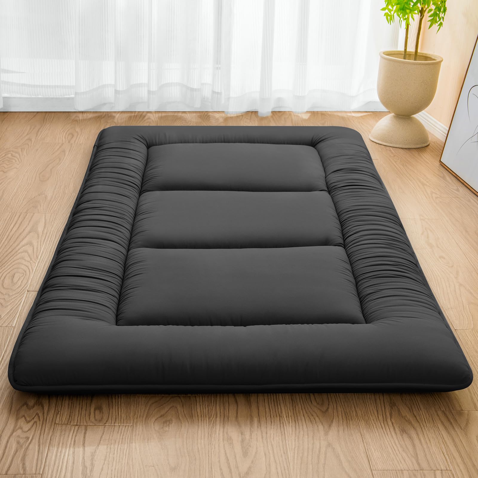 MASVIS Japanese Futon Mattress,Floor Mattress Thicken Sleeping Mattress Foldable & Portable Roll up Camping Mattress,Black,Twin