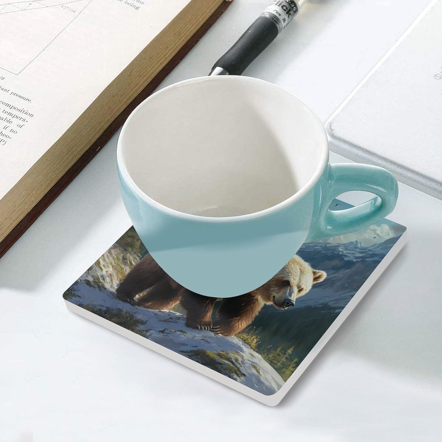 Bear Mama Wild Anima Coasters for Drinks Square Table Coasters Set Cup Mats with Cork Base