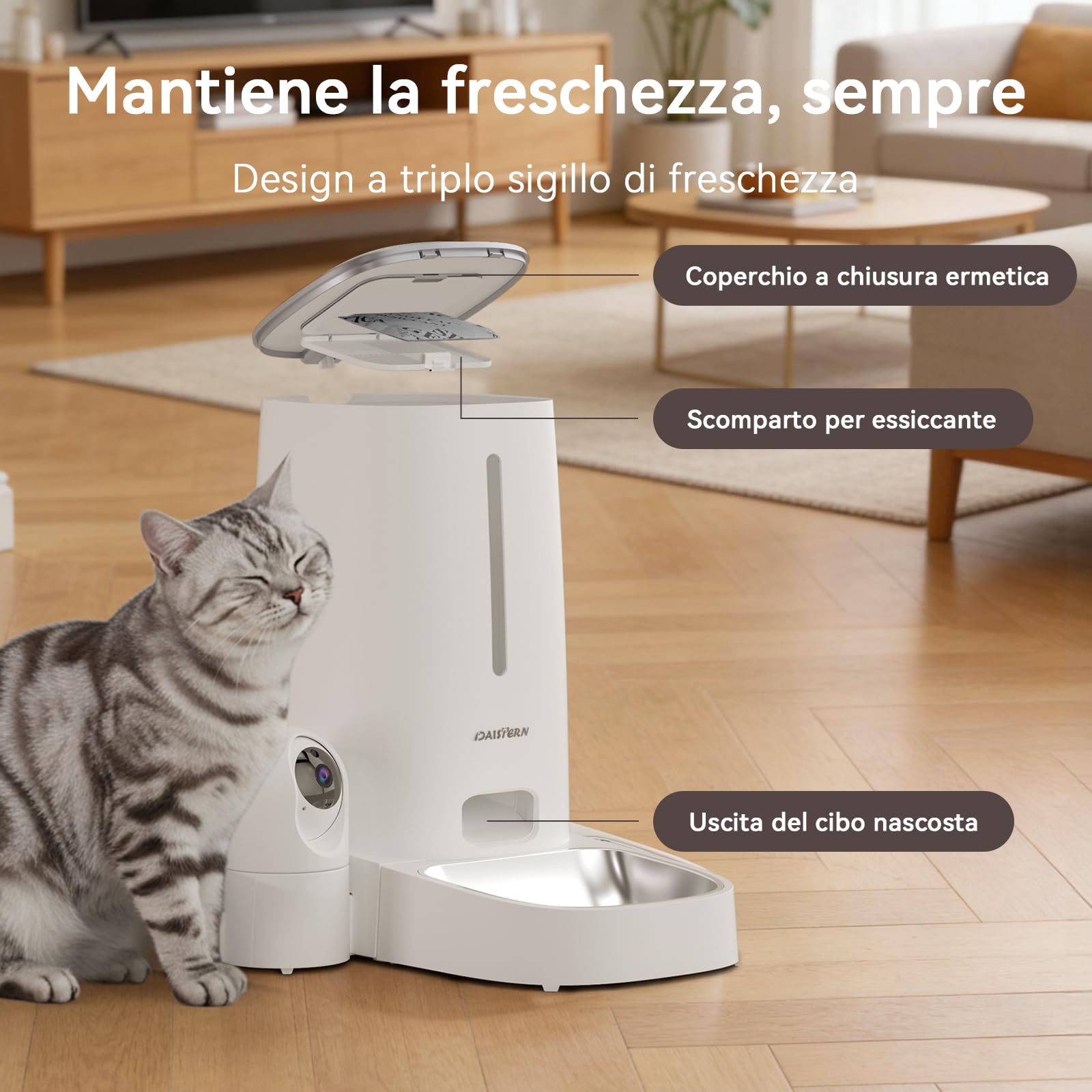 Distributore Automatico Cibo WiFi per Gatti e Cani con Telecamera HD 1080P, Dispenser Crocchette con Camera Rimovibile, Visione Notturna, Supporto 2,4G/5G, AI Funzione, Tuya App
