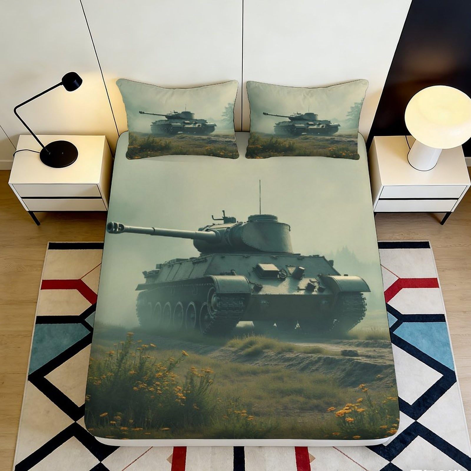 3D Printed Military Tank Fitted Sheet Microfiber Durable Breathable Camouflage Bed Cover for Bedroom Dormitory Guest Room Mattress Protection 120x200x25cm