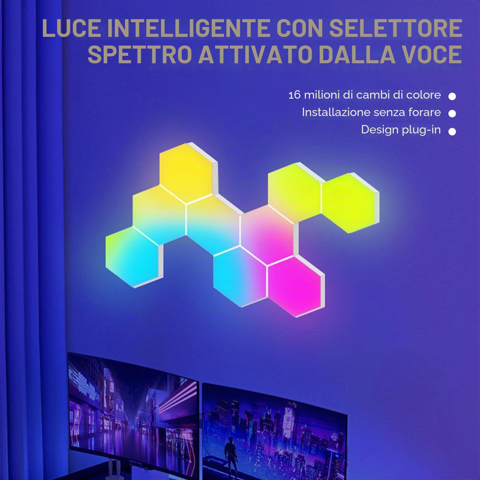 Kavolet Lampada da parete da gioco esagonale a LED, pannello RGB esagonale da 8 pezzi, luce a nido d'ape da gioco con controllo vocale WiFi BT Graffiti fai-da-te, lampada da parete con atmosfera | Esagonale Gaming RGB Pannelli luminosi a nido d'ape con co