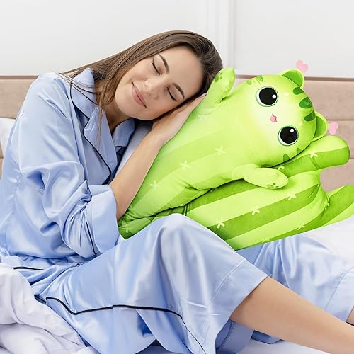 Miniatura 2 de Almohada larga de felpa con forma de gato, 44 pulgadas, lindo gato de cactus, animales de peluche Kawaii, almohada grande y blanda para el cuerpo,