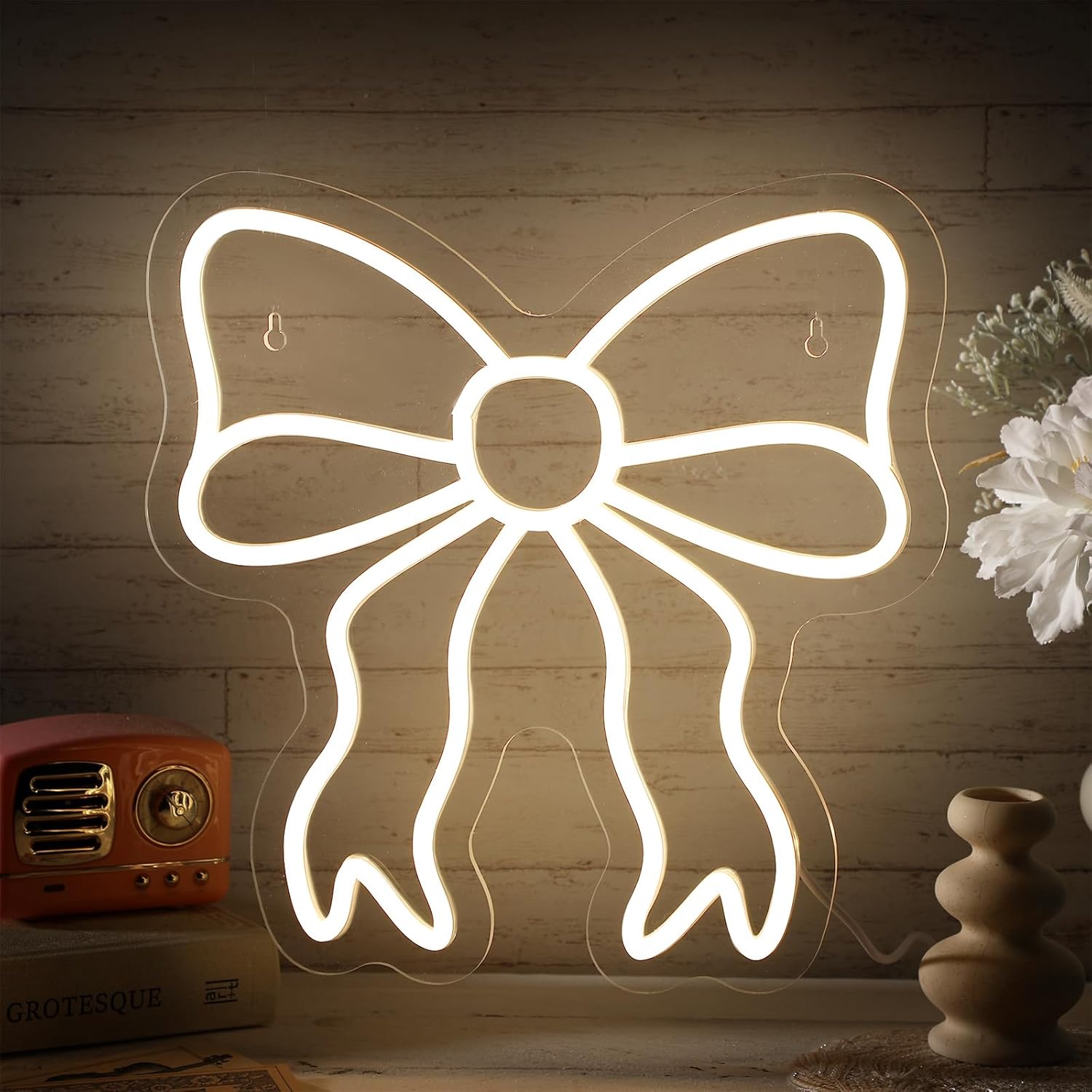 Retisee Bow LED Neon Sign Bedroom Women Room Neon Light Sign Coquette Aesthetic Home Wall Preppy Dorm Beauty Room Salon Decor Party Bar Decoration Gift for Her 11.8x11.8in (Warm White)