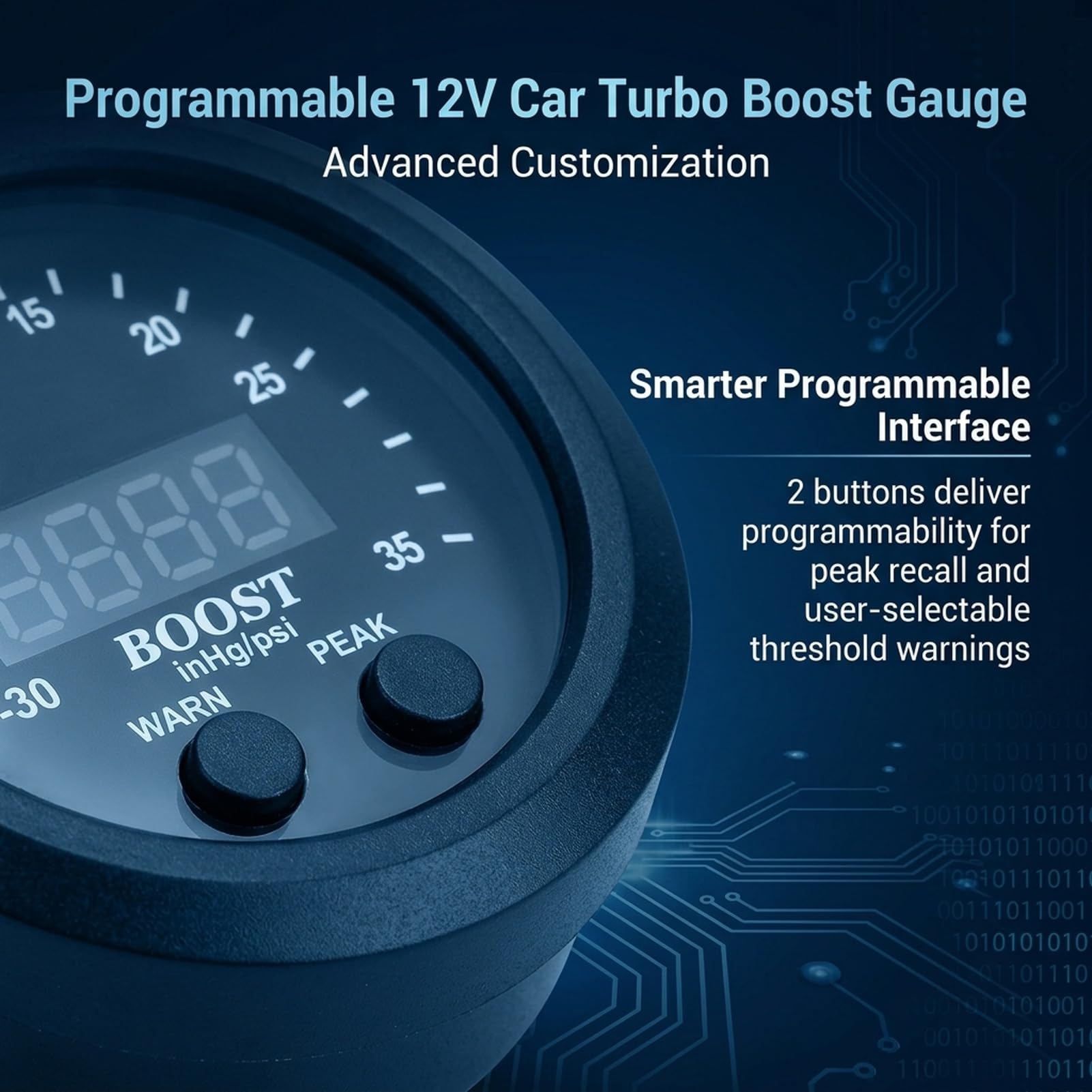 Kit de manómetro Turbo Boost de 60 mm/2,4 pulgadas, manómetro Turbo de 12 V -30-35 PSI, pantalla Digital con Sensor, indicador LED