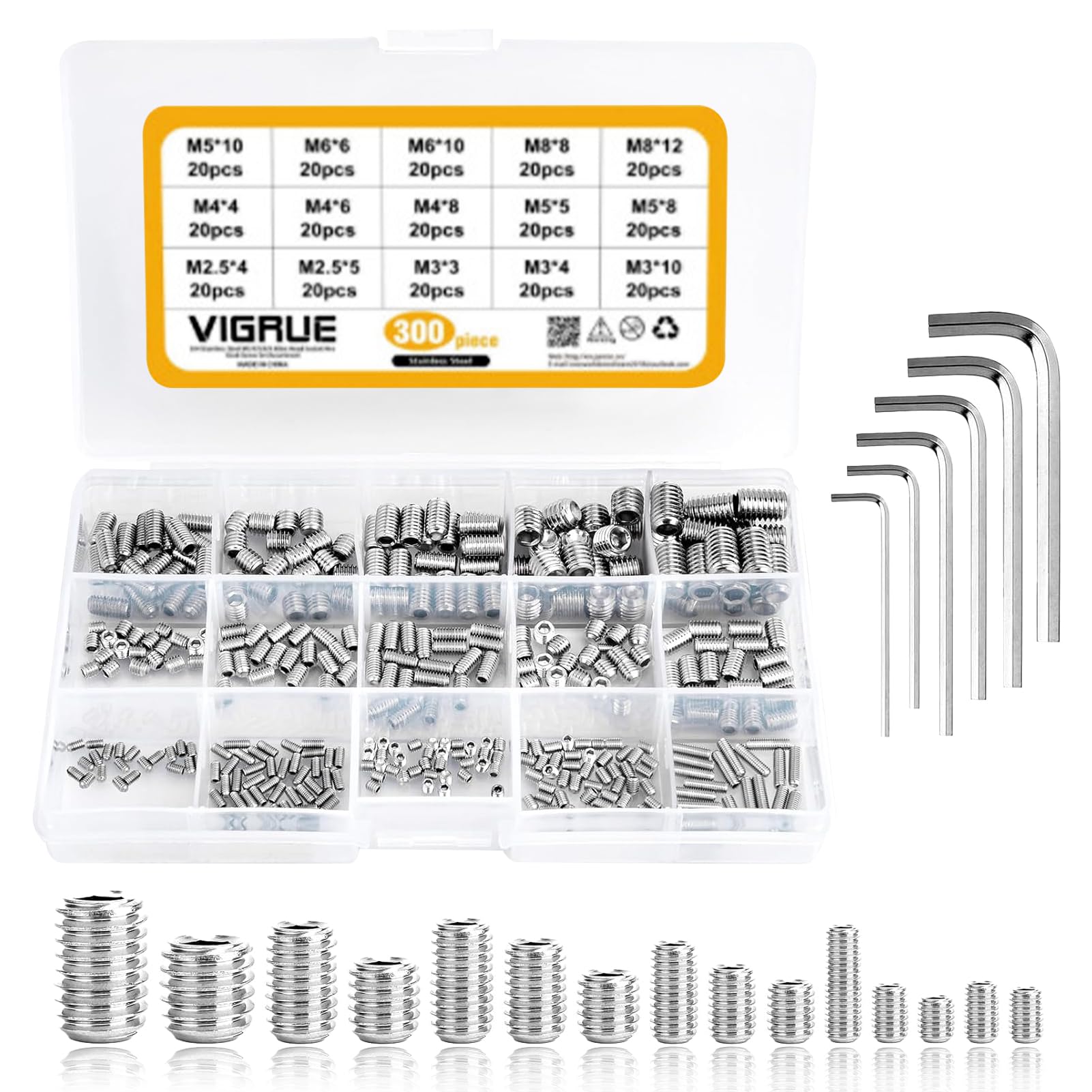 300 Viti Senza Testa In Acciaio Inox 304 | Set M3-M8 Con Brugola, DIN 916, Filettatura Piena, Per Maniglie E Meccanica