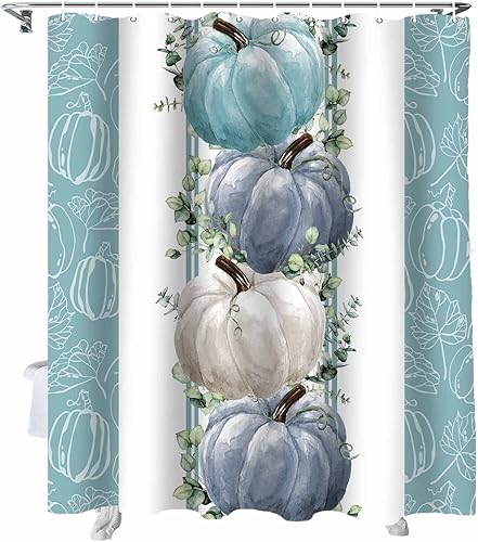 Miniatura 2 de Cortinas de ducha de otoño de Acción de Gracias para baño, cortina de ducha de tela de calabaza con ganchos, hojas de eucalipto blanco verde