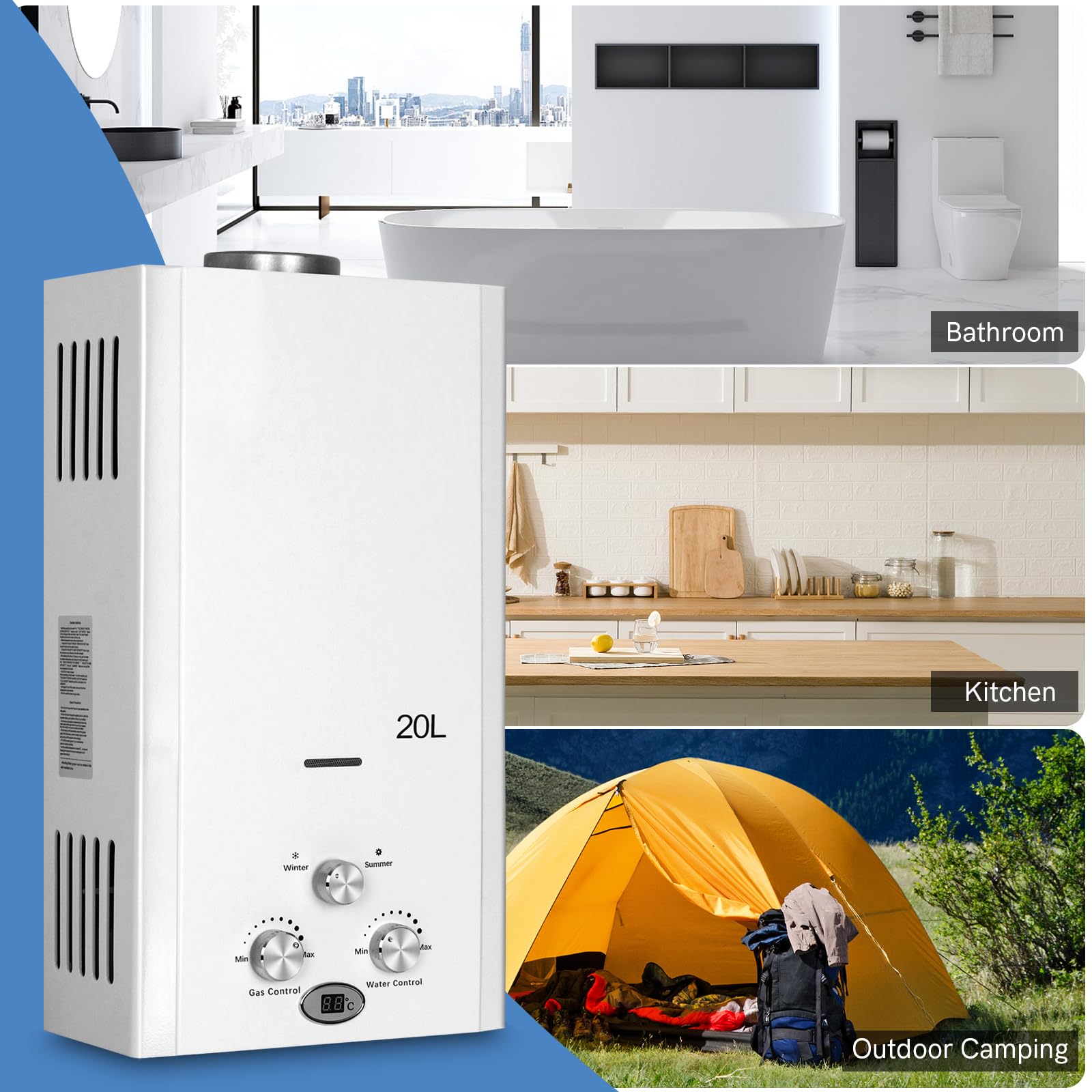 Xverycan Tankless Water Heater 5.28GPM 20L Propane Gas Water Heater, 40KW Outdoors Portable Instant Water Heater with Shower Head, LED Display, Overheating Protection, for Home RV Camping Trips