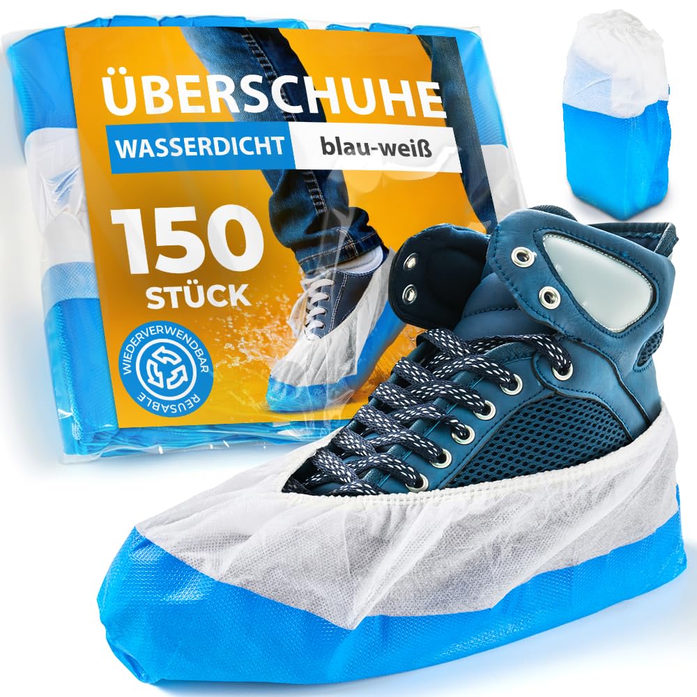 ISC Hygiene & Safety Schuhüberzieher – rutschfest, 150 Stk., blau-weiß | Überschuhe, Einweg Mehrweg, wasserdicht, extra stark, reißfest, durchriebsicher, Indoor Outdoor
