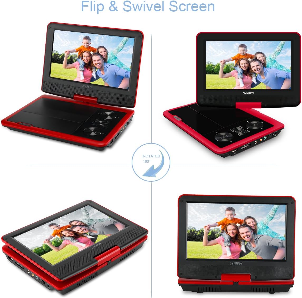 SYNAGY 11" Portable DVD Player CD Player with 9" Swivel Screen Remote Control Rechargeable Battery Car Charger Wall Charger (Red)
