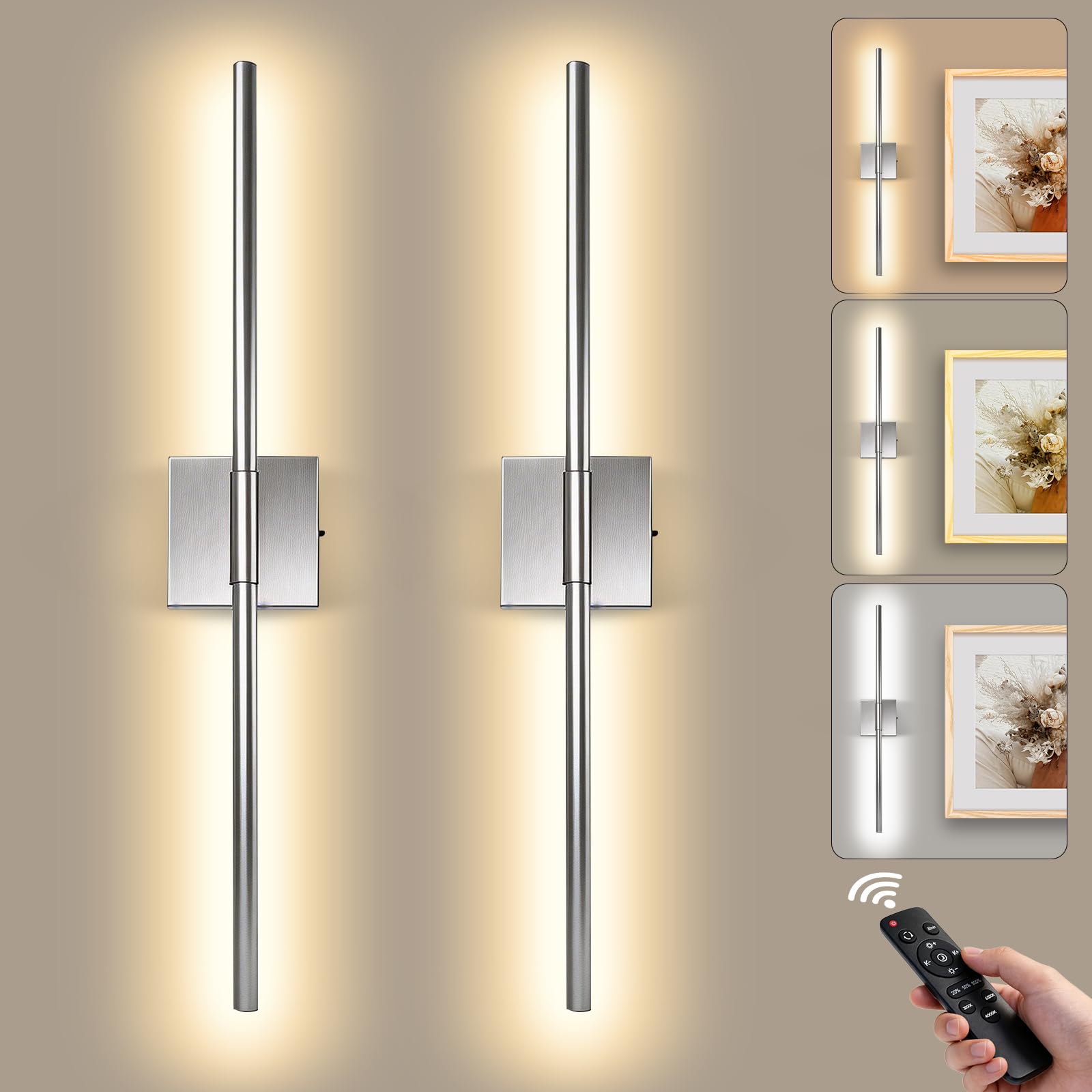 Rechargeable Wall Sconce Lights 2 Pack, 10000mAh Battery Operated Wall Lights Indoor with Remote, 3 Colour Temperatures, Dimmable and Timer, Wireless Silver Wall Lights for Living Room Bedroom Hallway