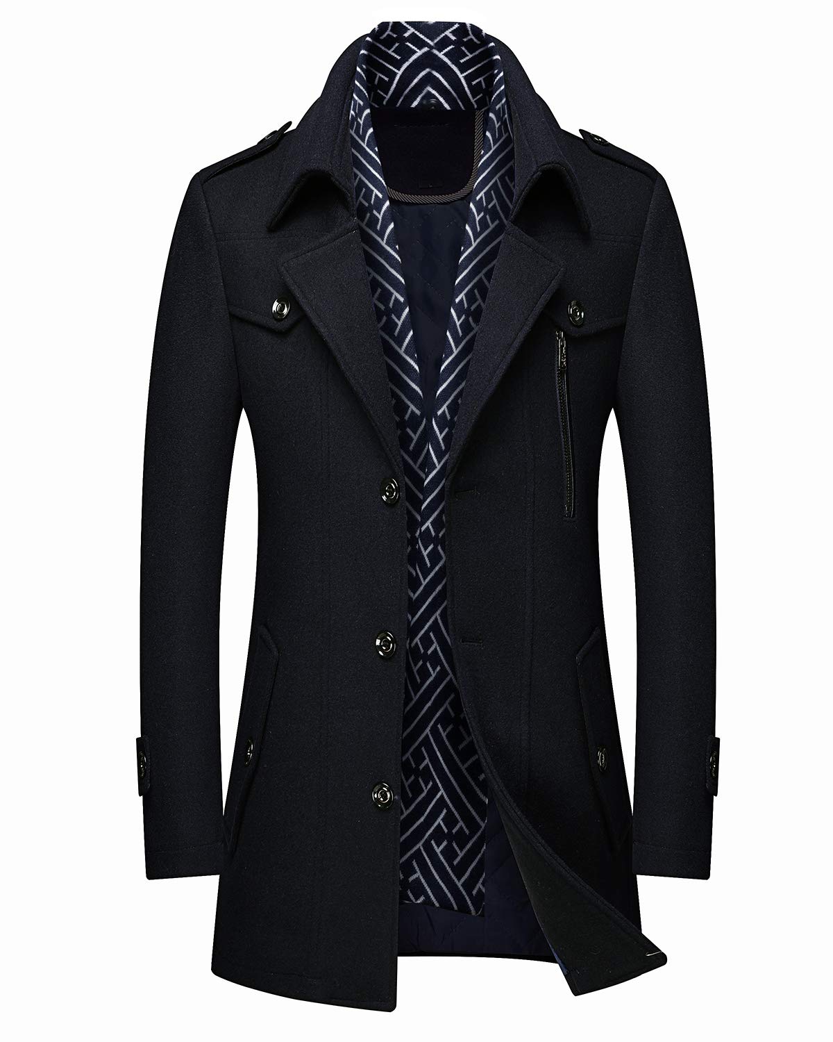 PRIJOUHEMen's Wool Blend Jacket Single Breasted Slim Fit Thick Winter Windproof Pea Coat with Removable Scarf