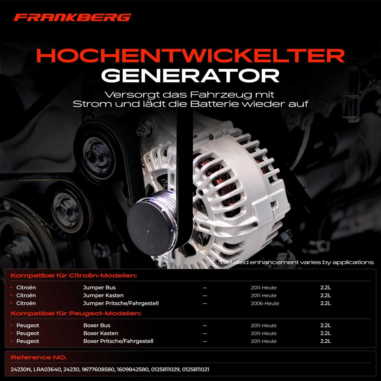 Frankberg Lichtmaschine Generator Kompatibel mit Boxer Bus 2.2 HDi 130 Jumper Bus 2.2 HDi 130 Boxer Bus 2.2 HDi 110 Replace# 1609842580,9677608580