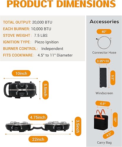 Miniatura 8 de Estufa de camping de propano de 2 quemadores con parabrisas, estufas de camping portátiles y plegables con bolsa de transporte, estufa de campamento