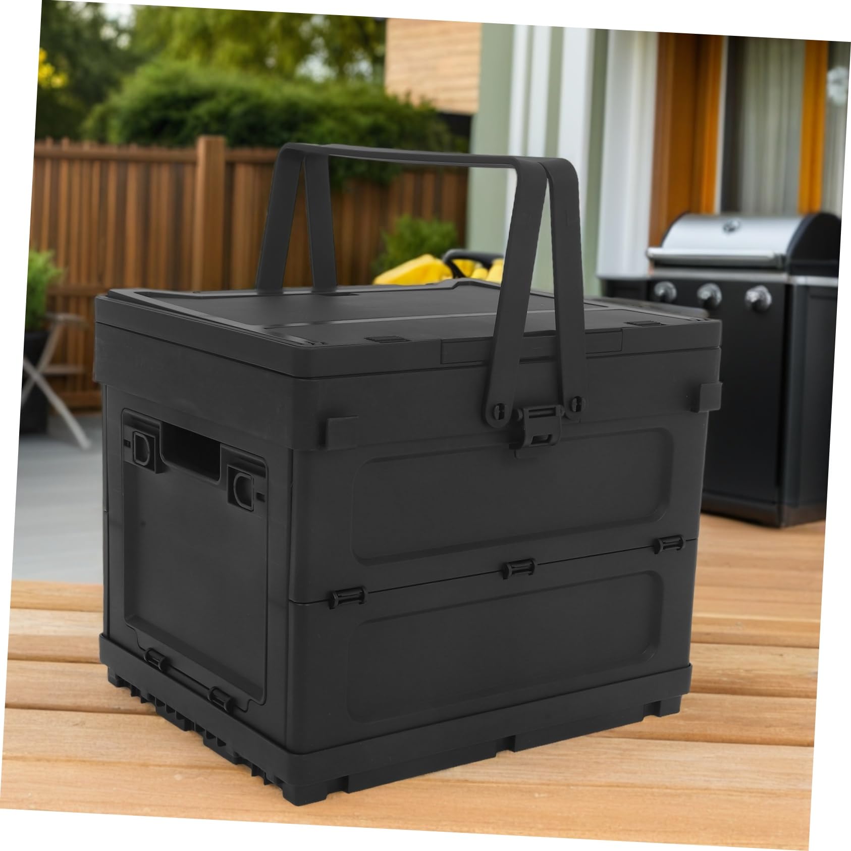 Caja de Almacenamiento Plegable de Plástico Negro para Camping Diseño Multifuncional con Asa Incorporada y Función de Mesa Pequeña y Maletero de Coche