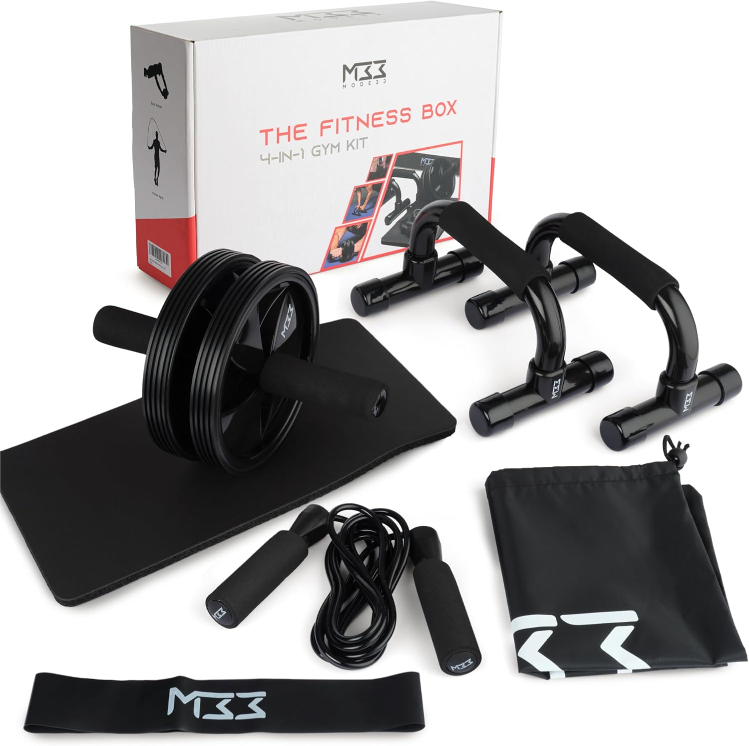 Gym Kit Equipment – Abs Roller Wheel Workout Set with Knee Pad, Push Up Handles Bars, Skipping Rope and Resistance Band – Good for Home Work Out and Gym Fitness Abdominal Training or Weight Loss