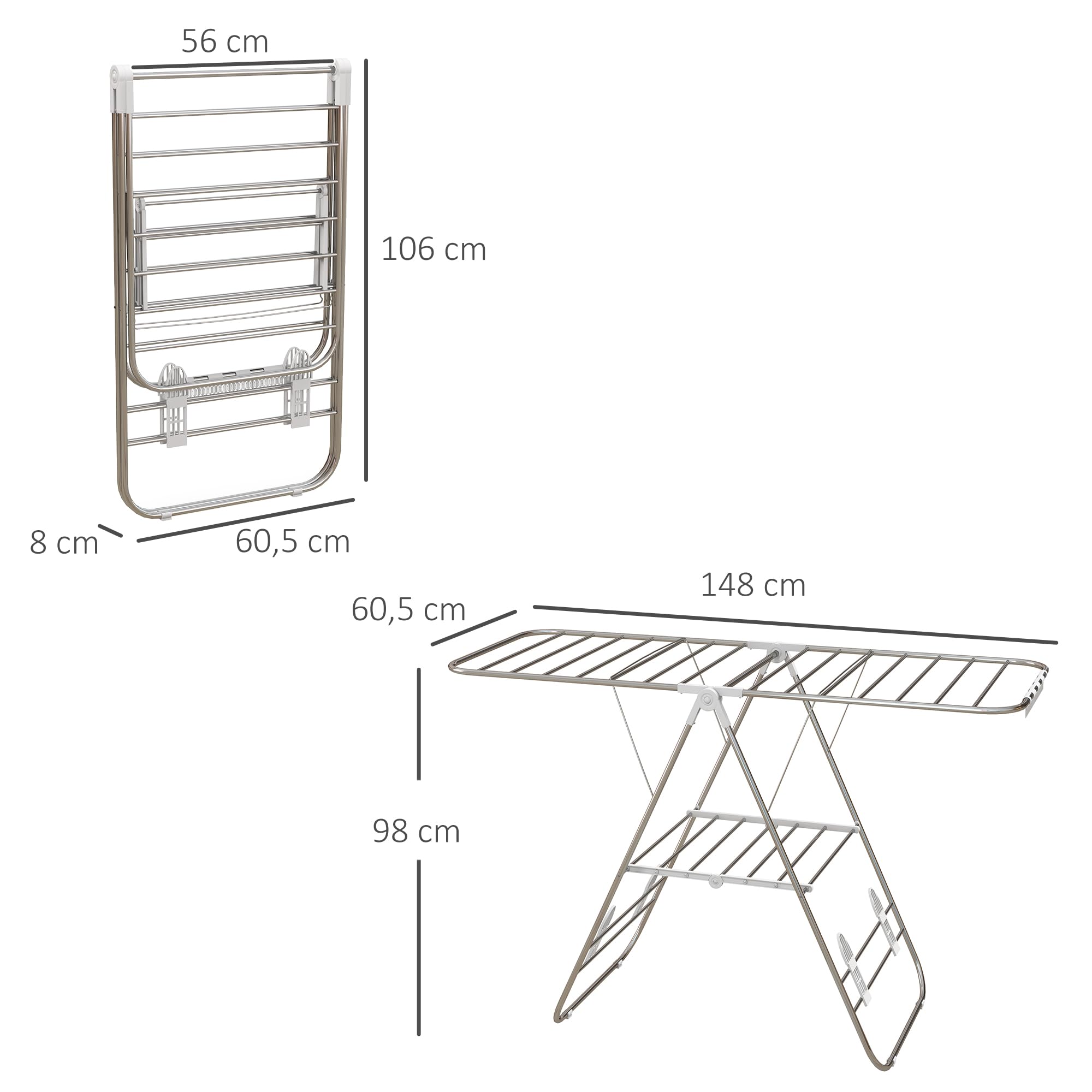 HOMCOM Séchoir à Linge sur Pieds Pliable étendoir 2 Niveaux Ajustables dim. 148L x 60,5l x 98H cm