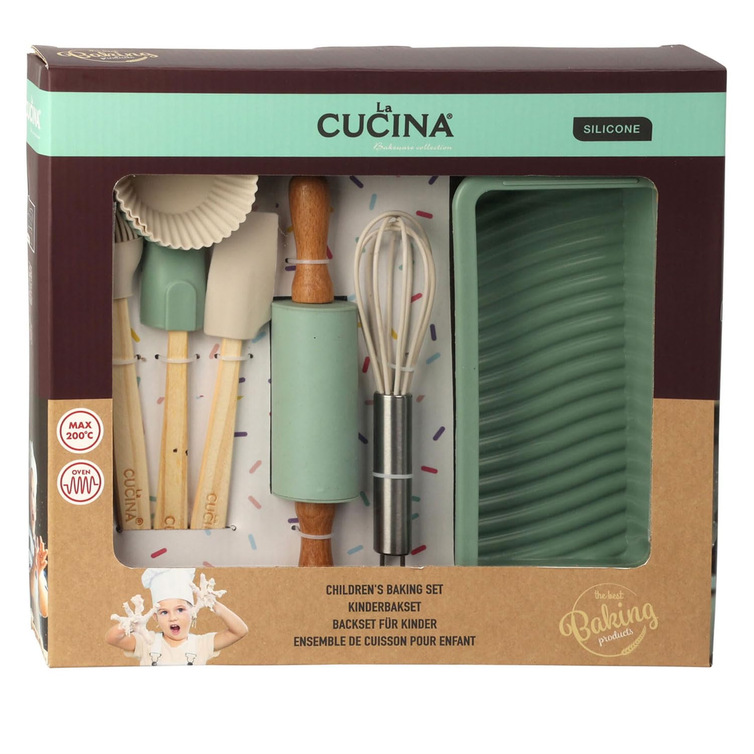 Koopman International Kit de pâtisserie jouet vert pastel 12 pièces pour enfants avec moules à cupcakes.