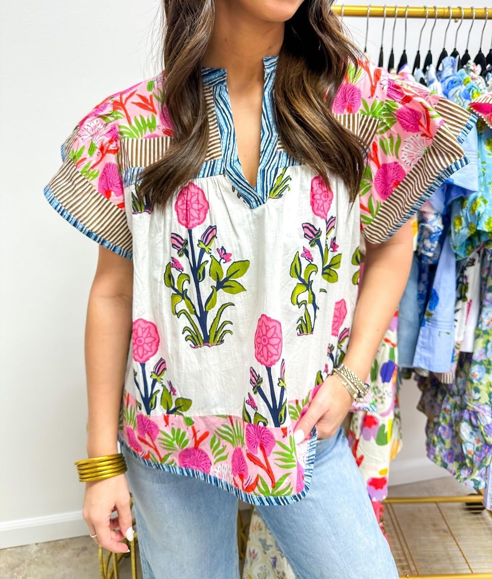 Women Boho Floral Peplum Shirt Flutter Sleeve Ruffle Babyboll Tops V Neck Patchwork Going Out Blouse Top - Image 3