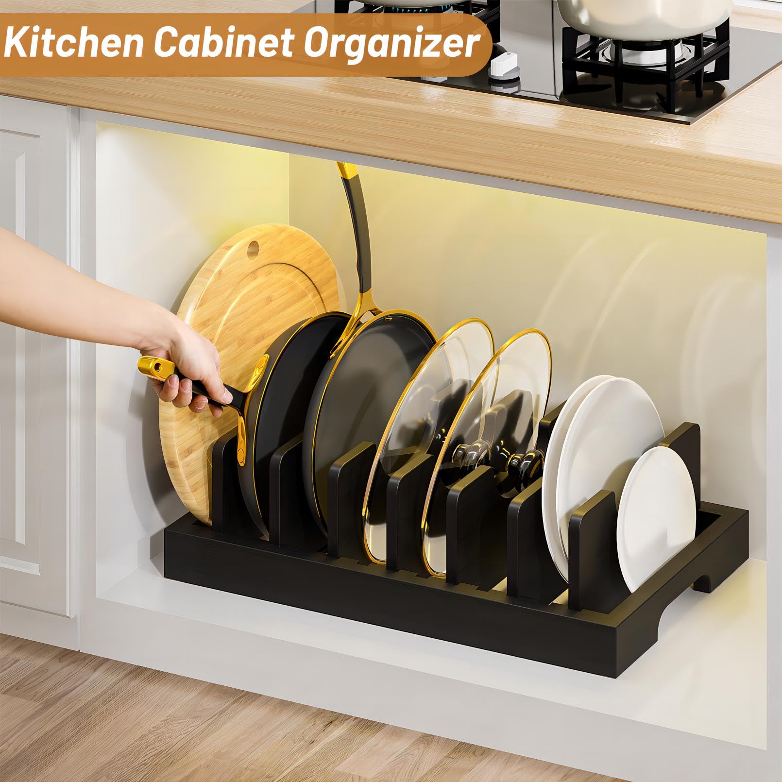 Kiasthome Organizador de ollas y sartenes de bambú, organizador de tapa de olla, organizador de gabinete de cocina con 7 separadores ajustables para ollas, sartenes, bandejas para hornear, tablas de