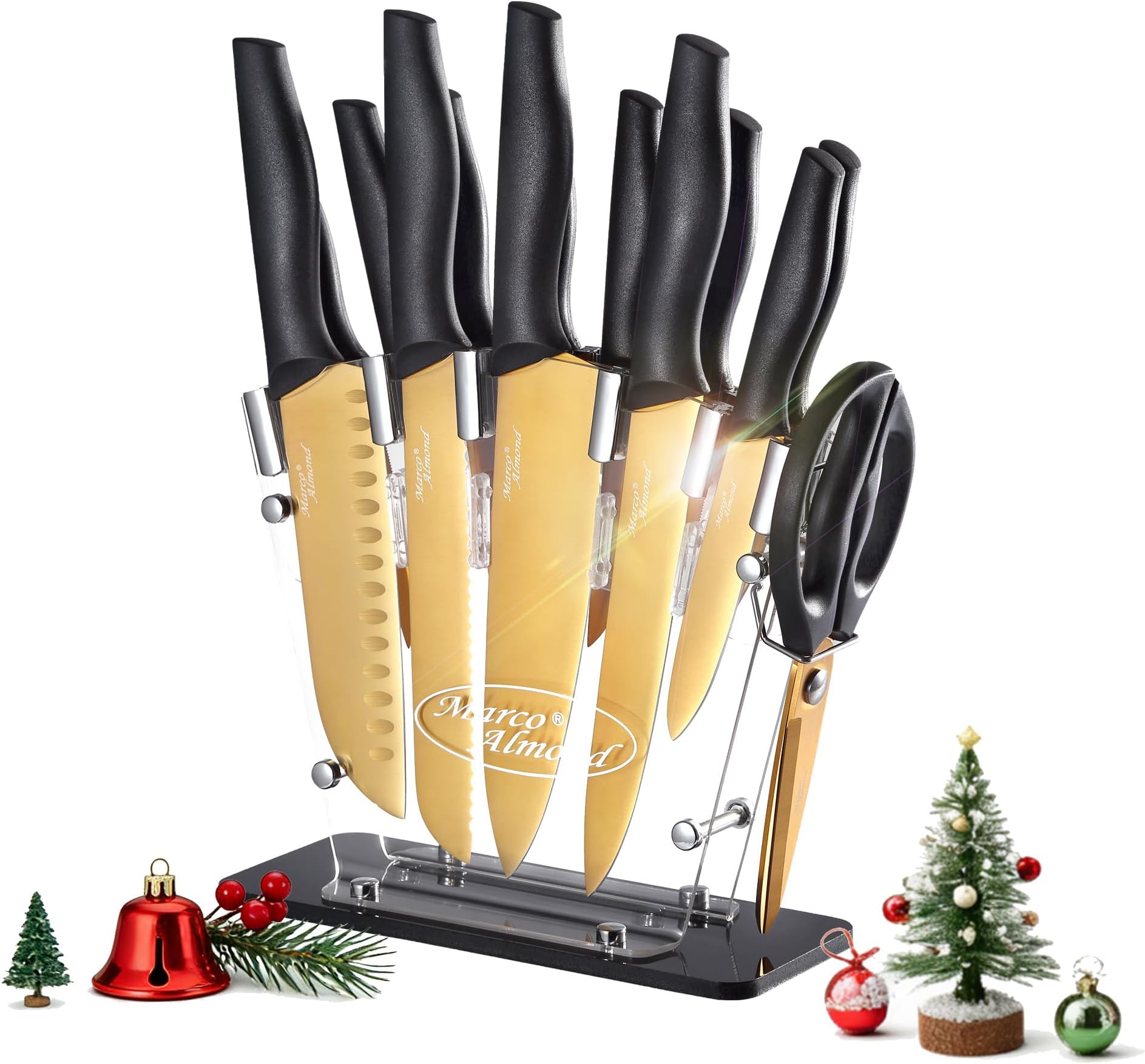 Marco Almond® Gold Knife Set With Block KYA23, 14 Pieces Stainless Steel Chef Cutlery Knives Set for Kitchen with Acrylic Stand