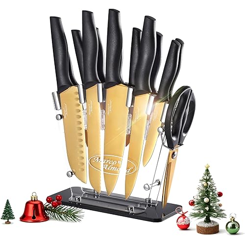 Marco Almond® Gold Knife Set With Block KYA23, 14 Pieces Stainless Steel Chef Cutlery Knives Set for Kitchen with Acrylic Stand