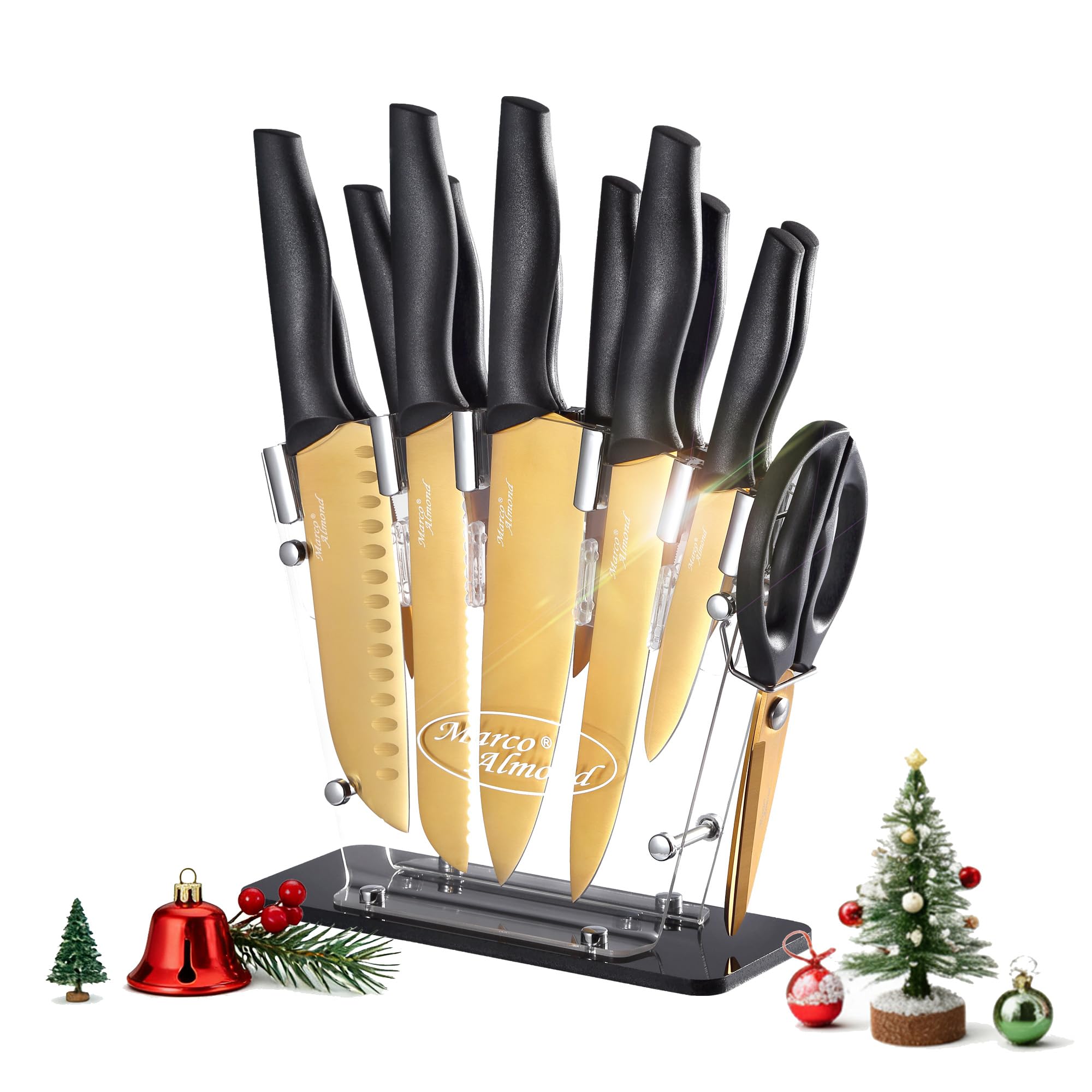 Marco Almond Golden Titanium Knife Set with Acrylic Stand, Kitchen Knives Set with Block, Scissor,Santoku knife,6 Golden Steak Knives Cutlery Gold Knife Set,14piece Set,Black Handle,